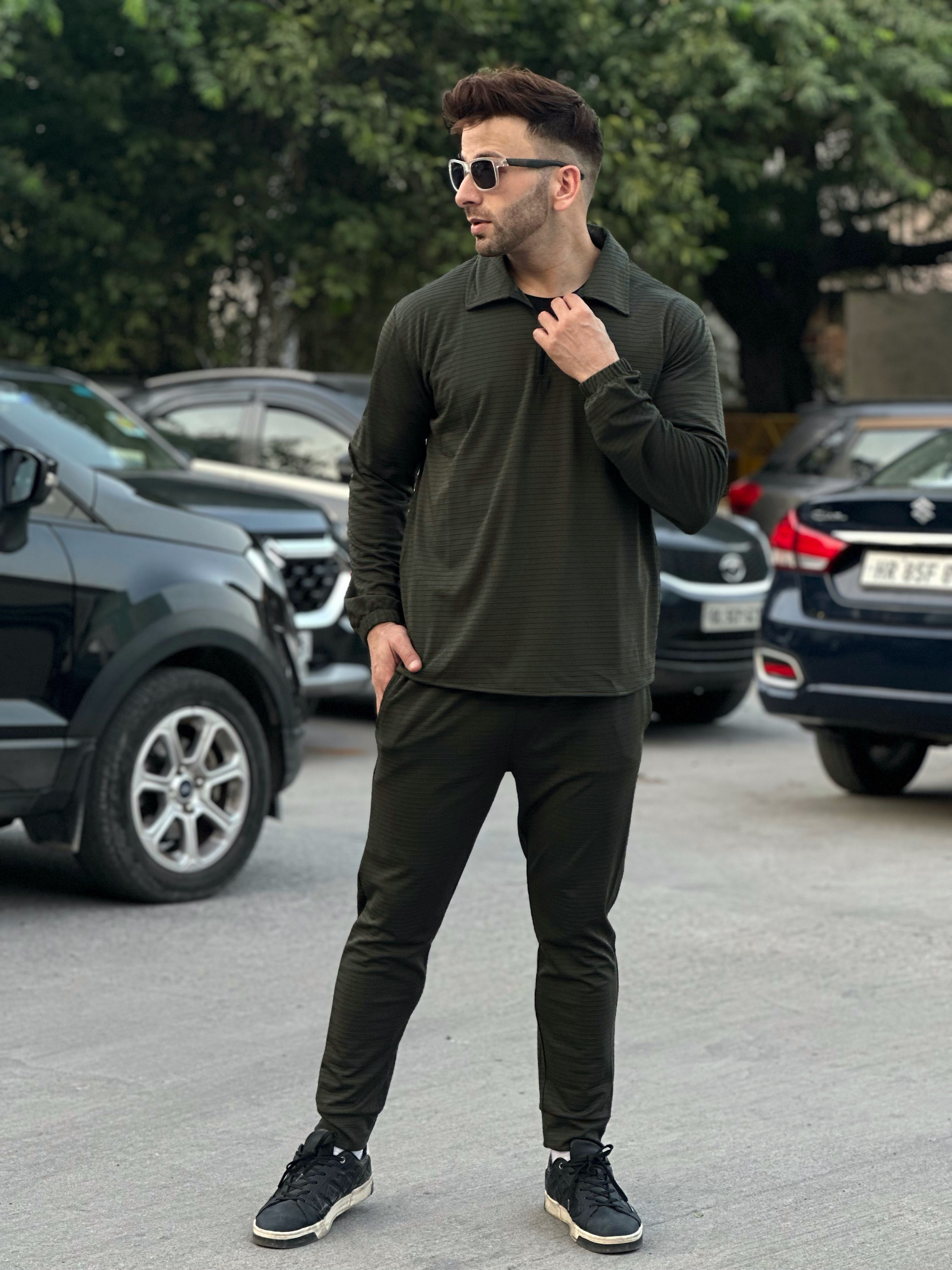 Horizontal Line Embeded Olive Tracksuit Co-Ord