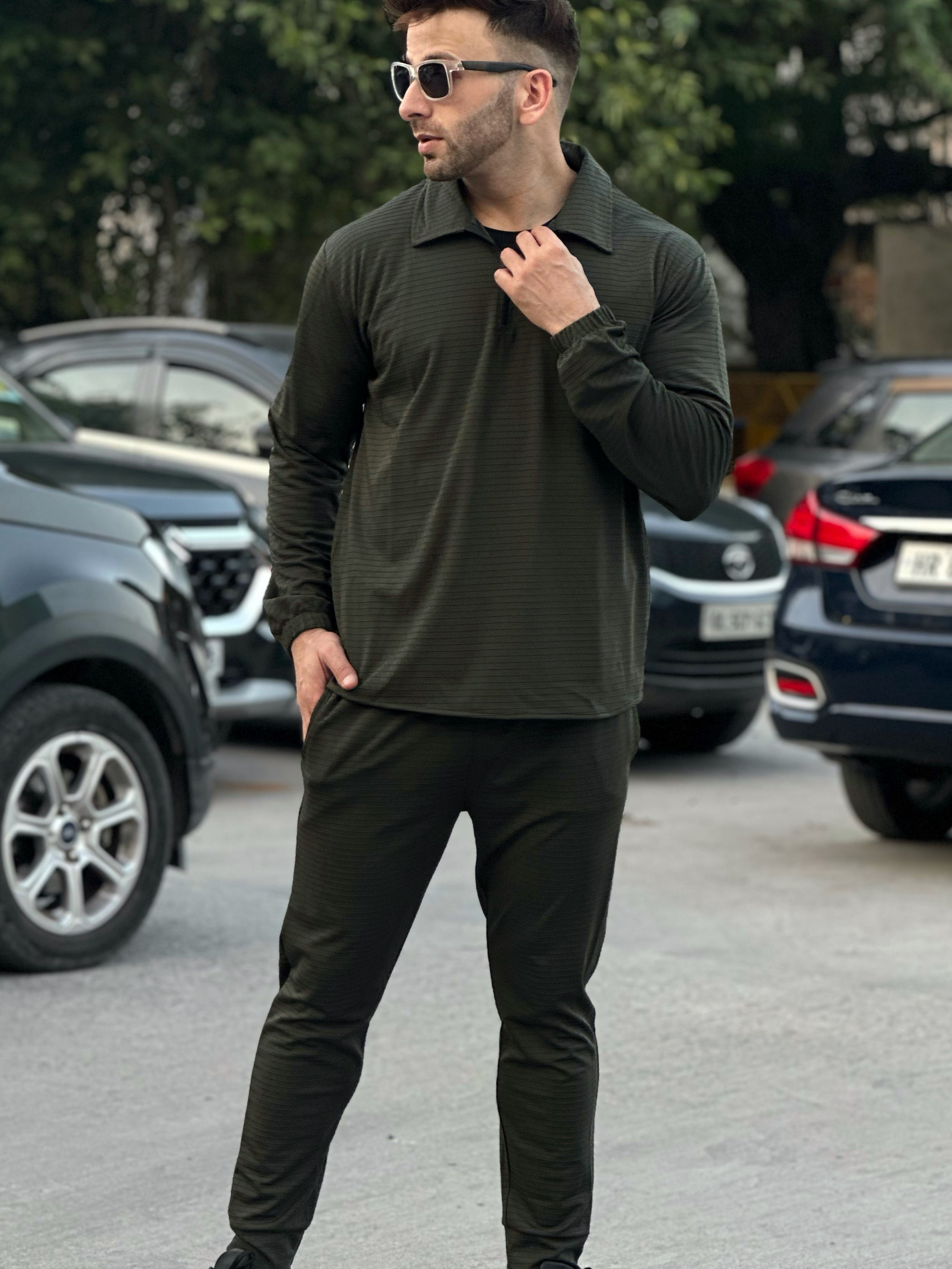 Horizontal Line Embeded Olive Tracksuit Co-Ord