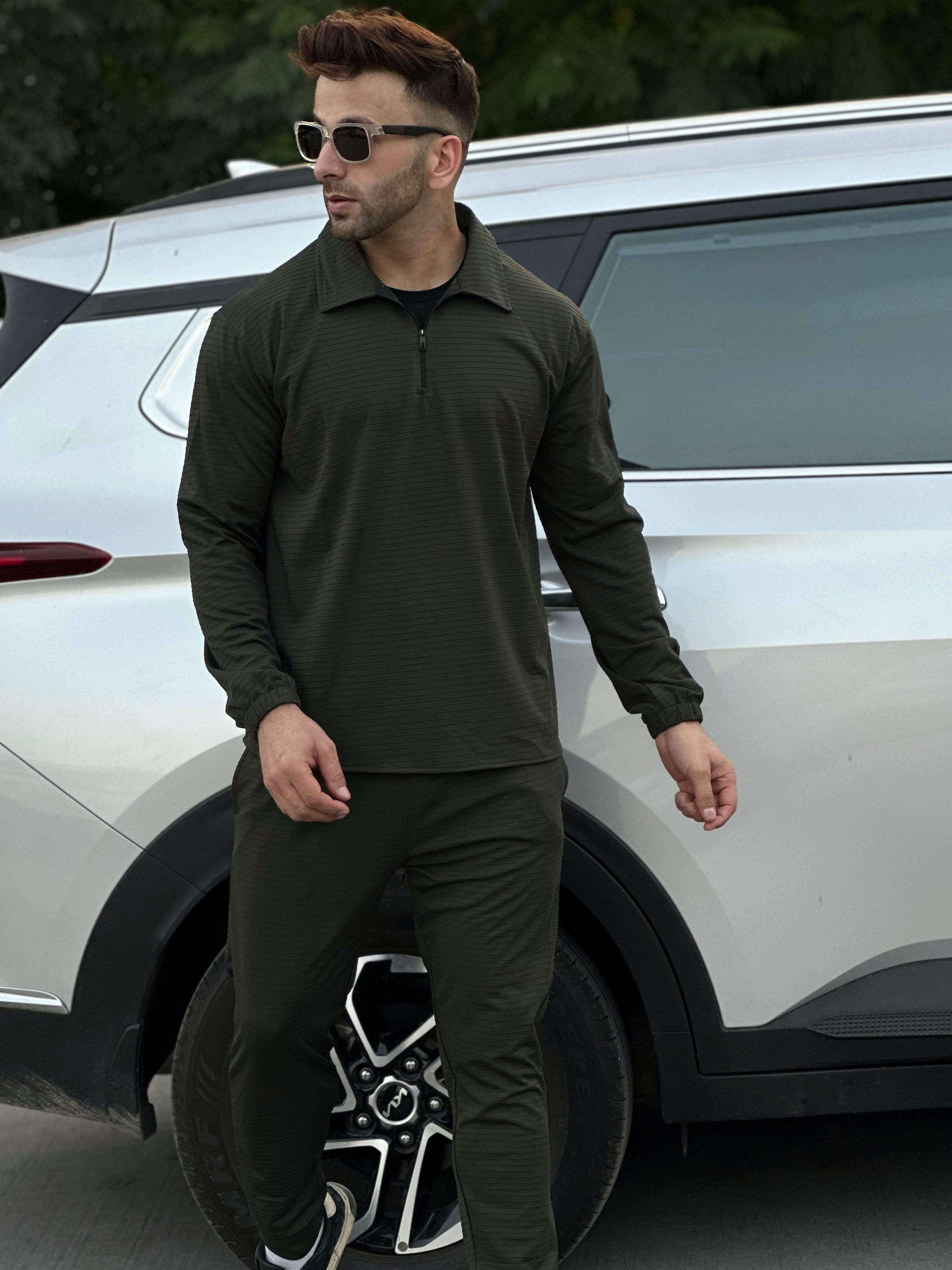 Horizontal Line Embeded Olive Tracksuit Co-Ord