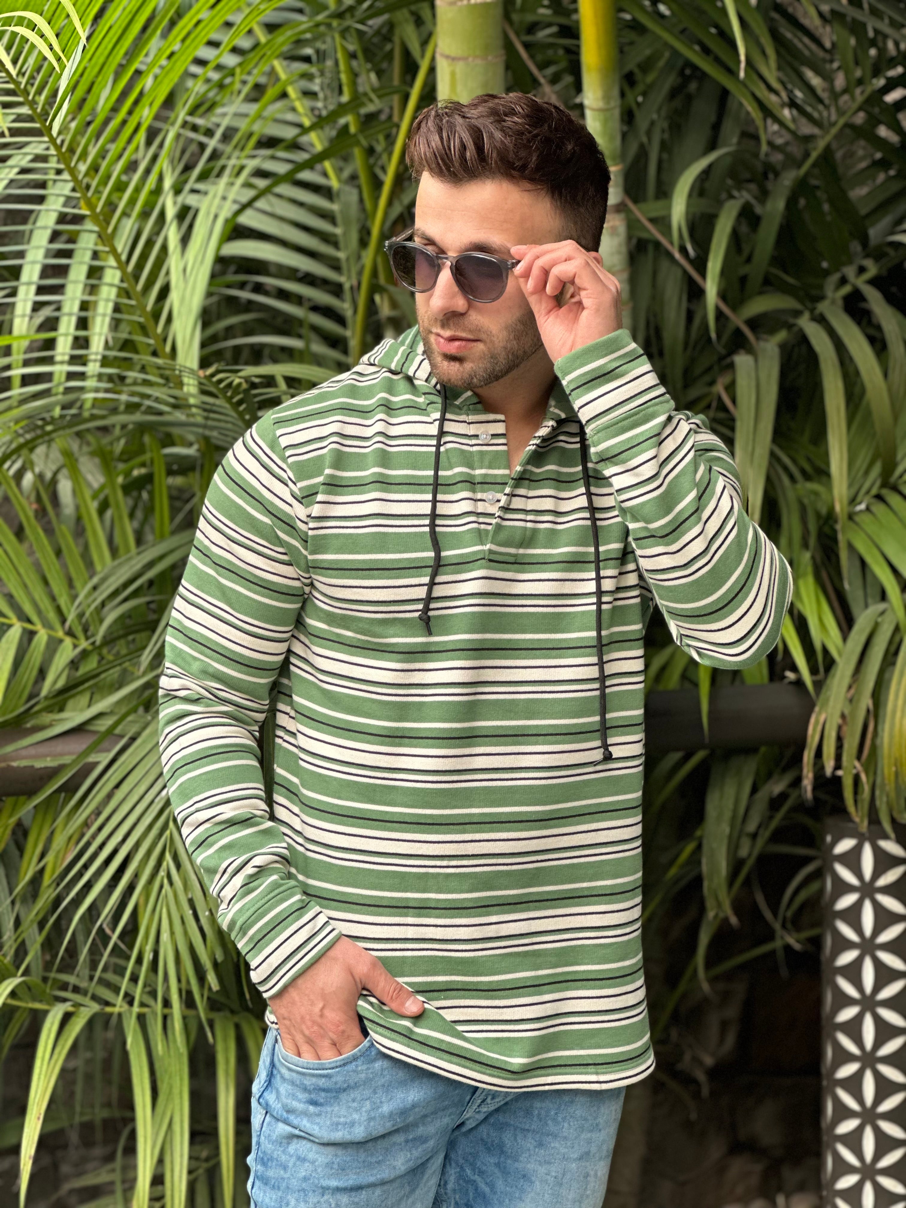 Green Striped Hooded T-Shirt