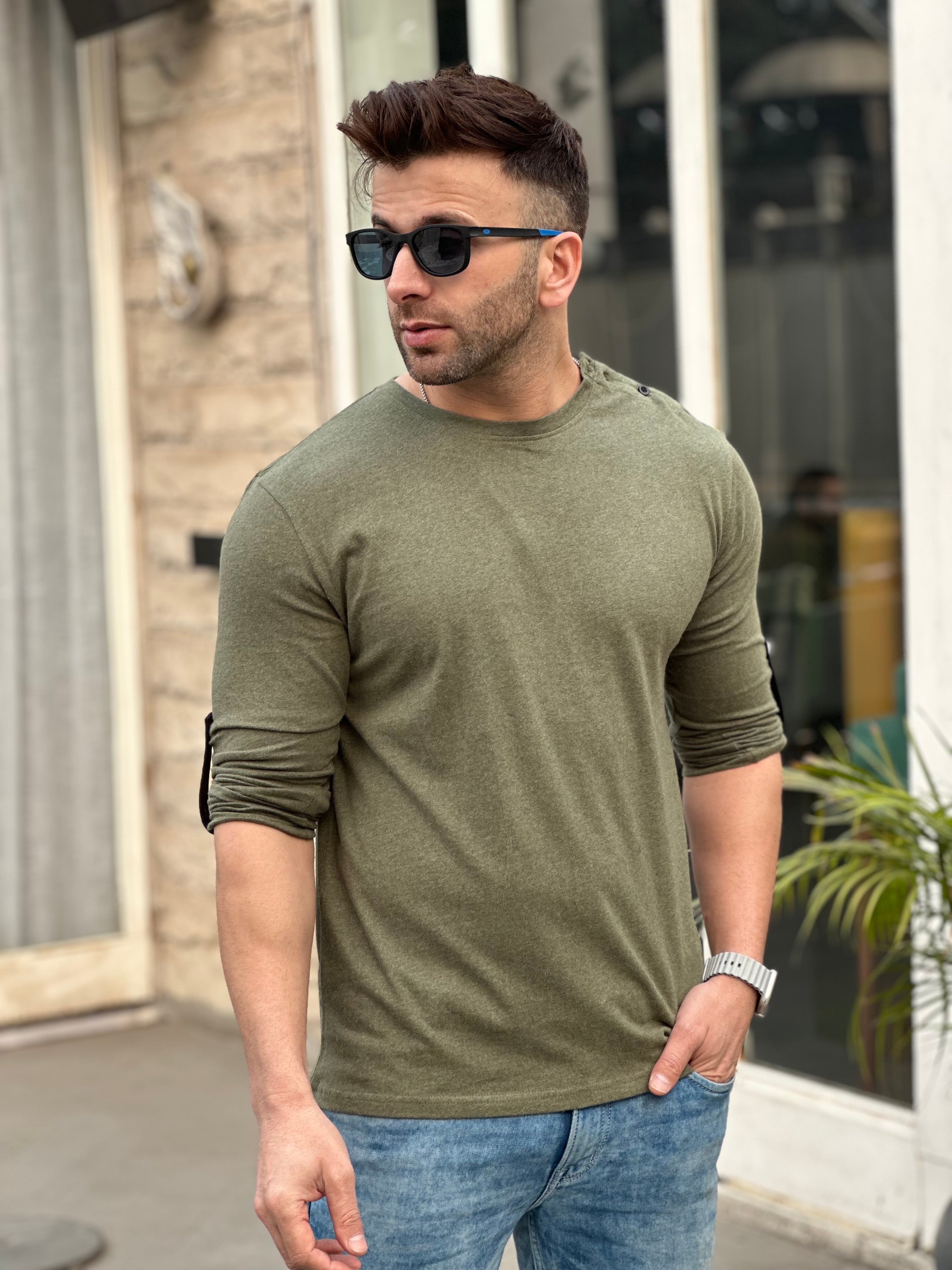 Olive Side Button Self Design Cotton T-Shirt