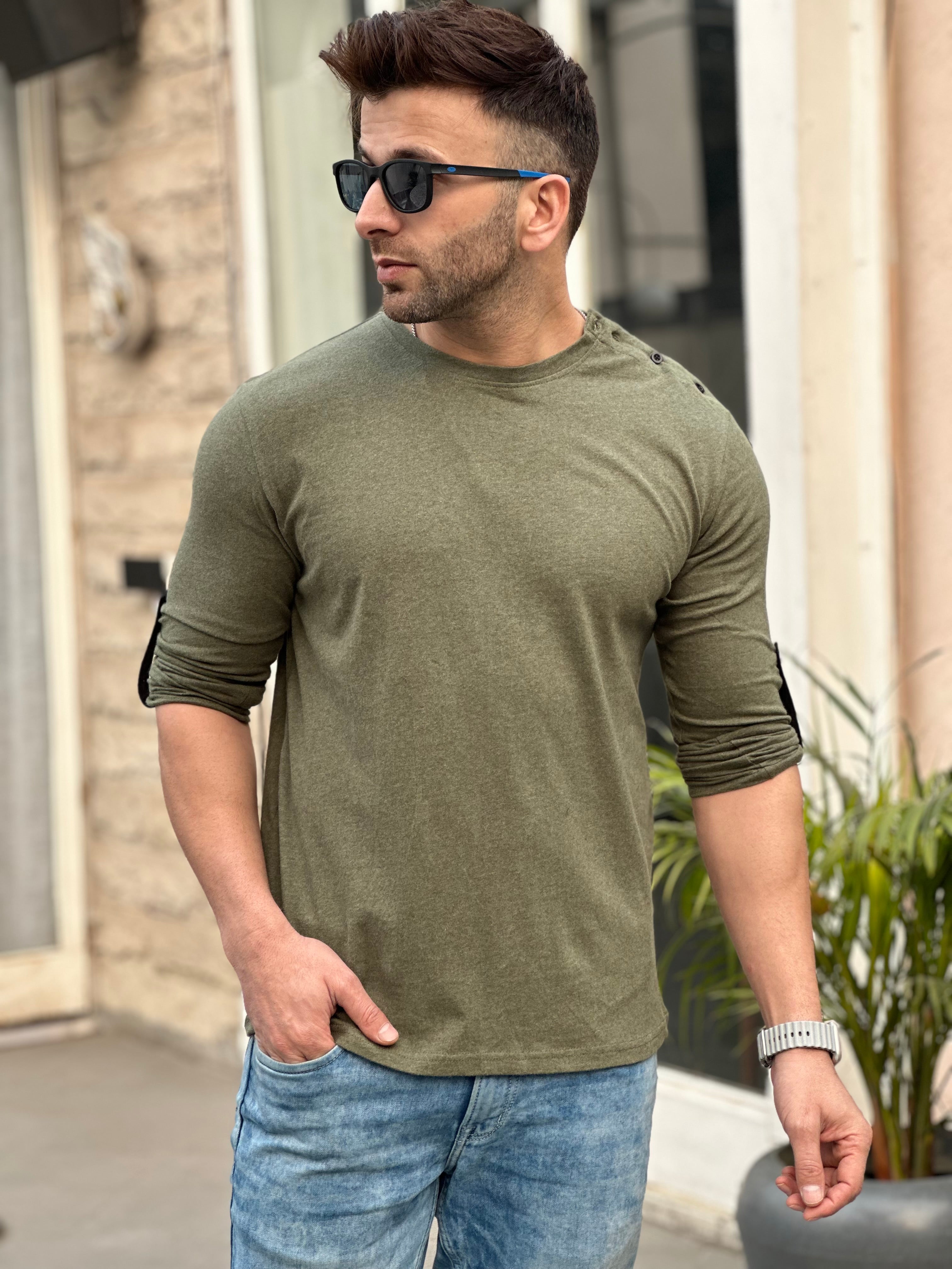 Olive Side Button Self Design Cotton T-Shirt