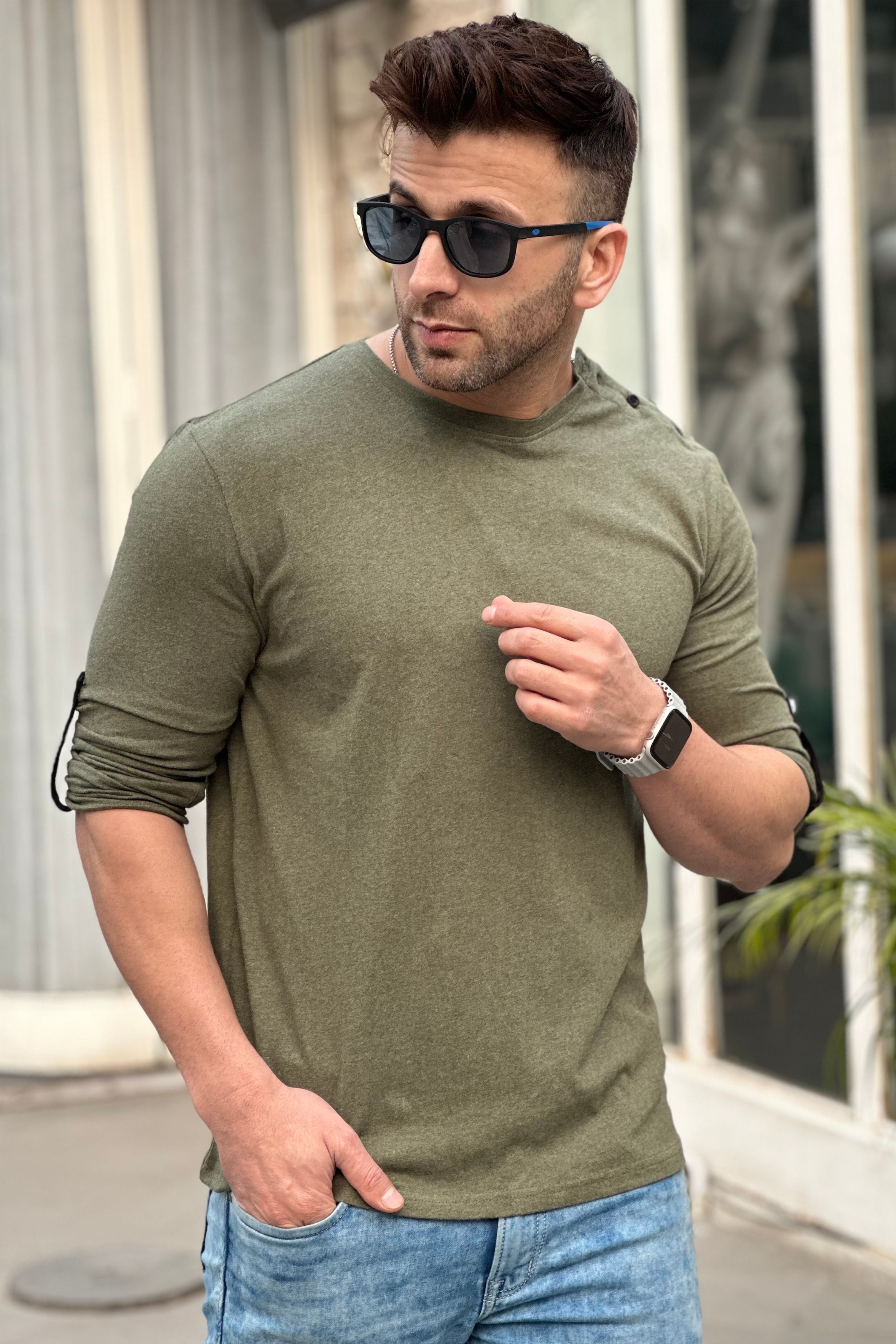 Olive Side Button Self Design Cotton T-Shirt