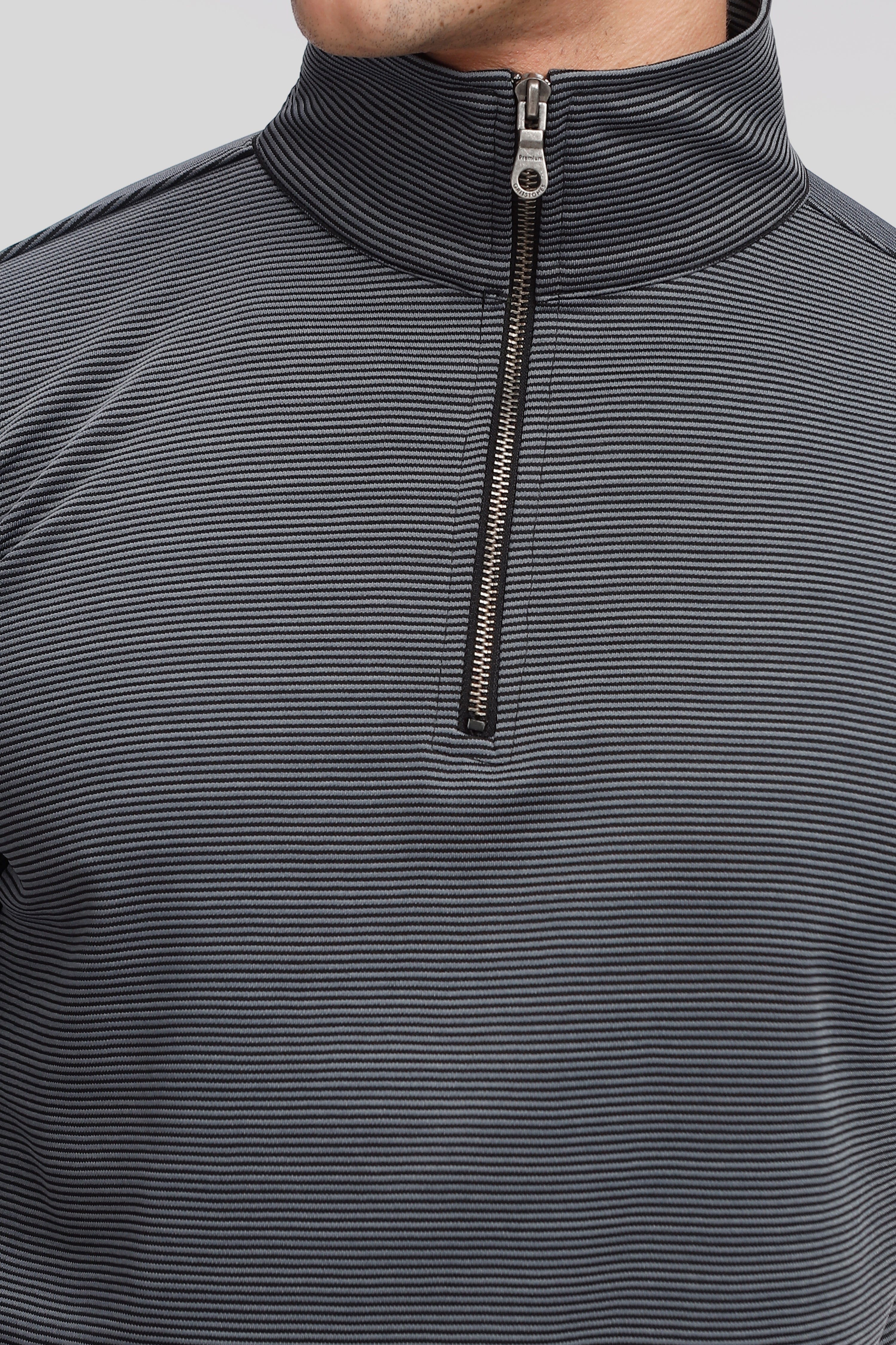 Grey Stripes Self Design Zipper T-Shirt