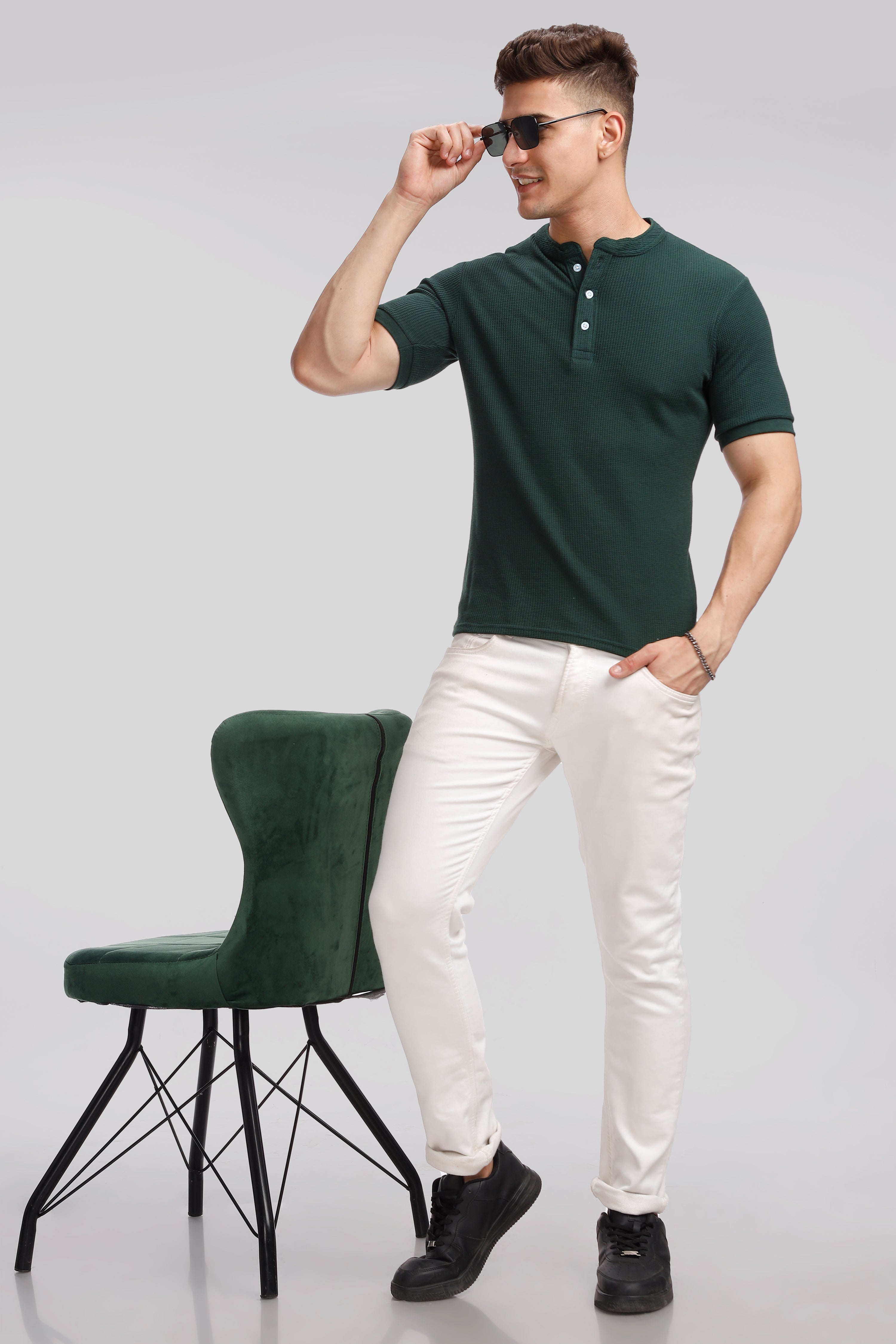 Dark Green Waffle Henley T-Shirt