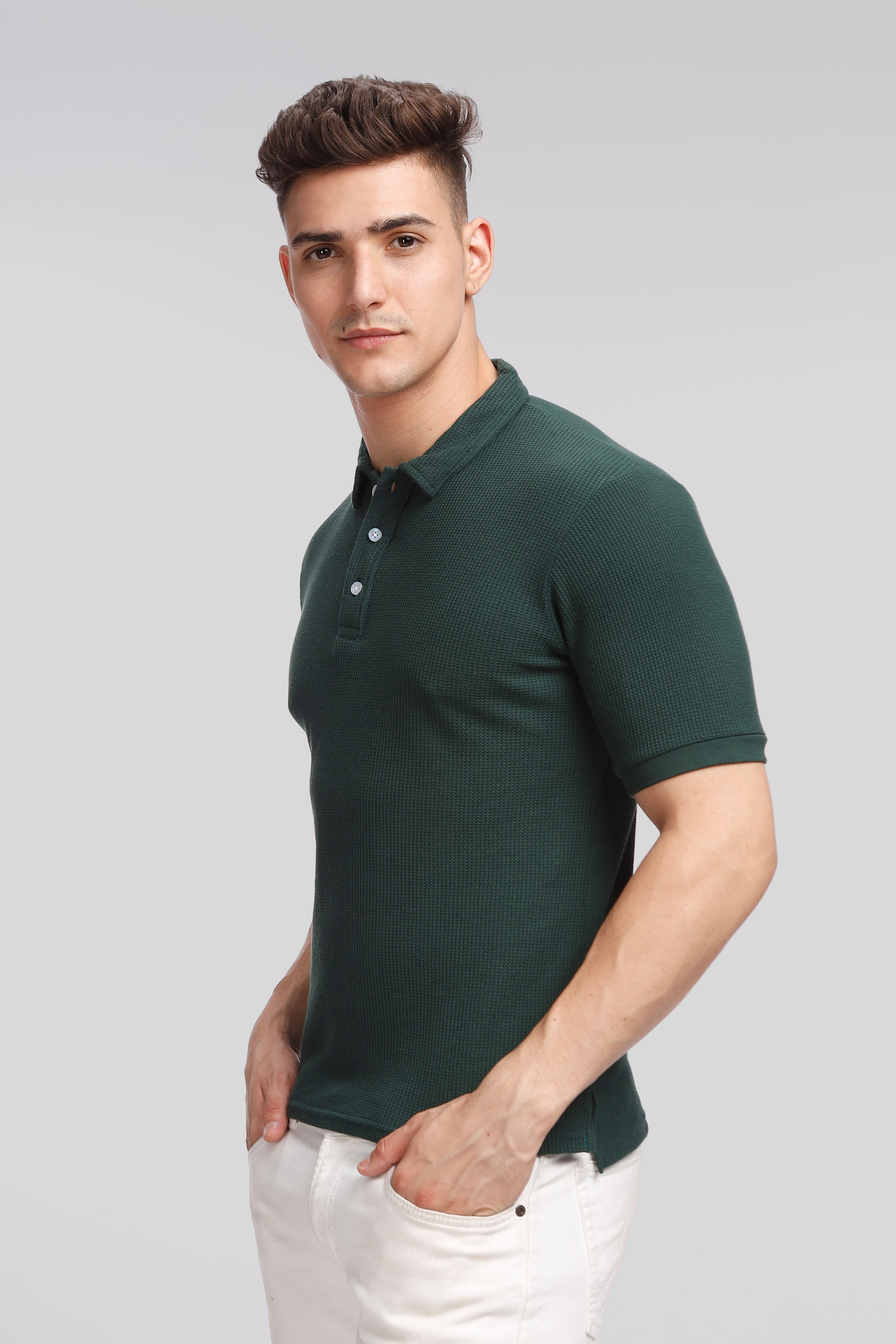 Dark Green Waffle Knit Polo T-Shirt