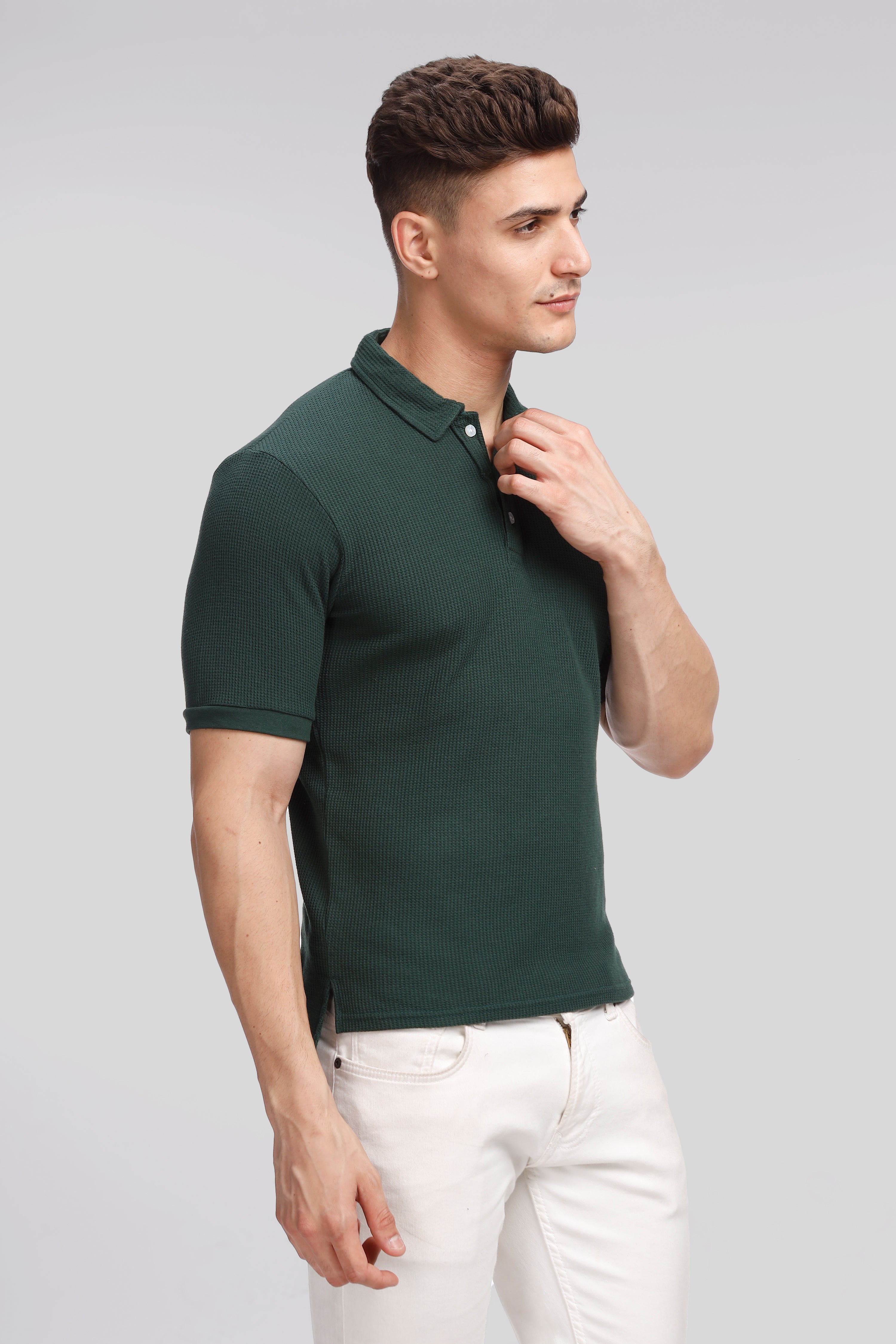 Dark Green Waffle Knit Polo T-Shirt