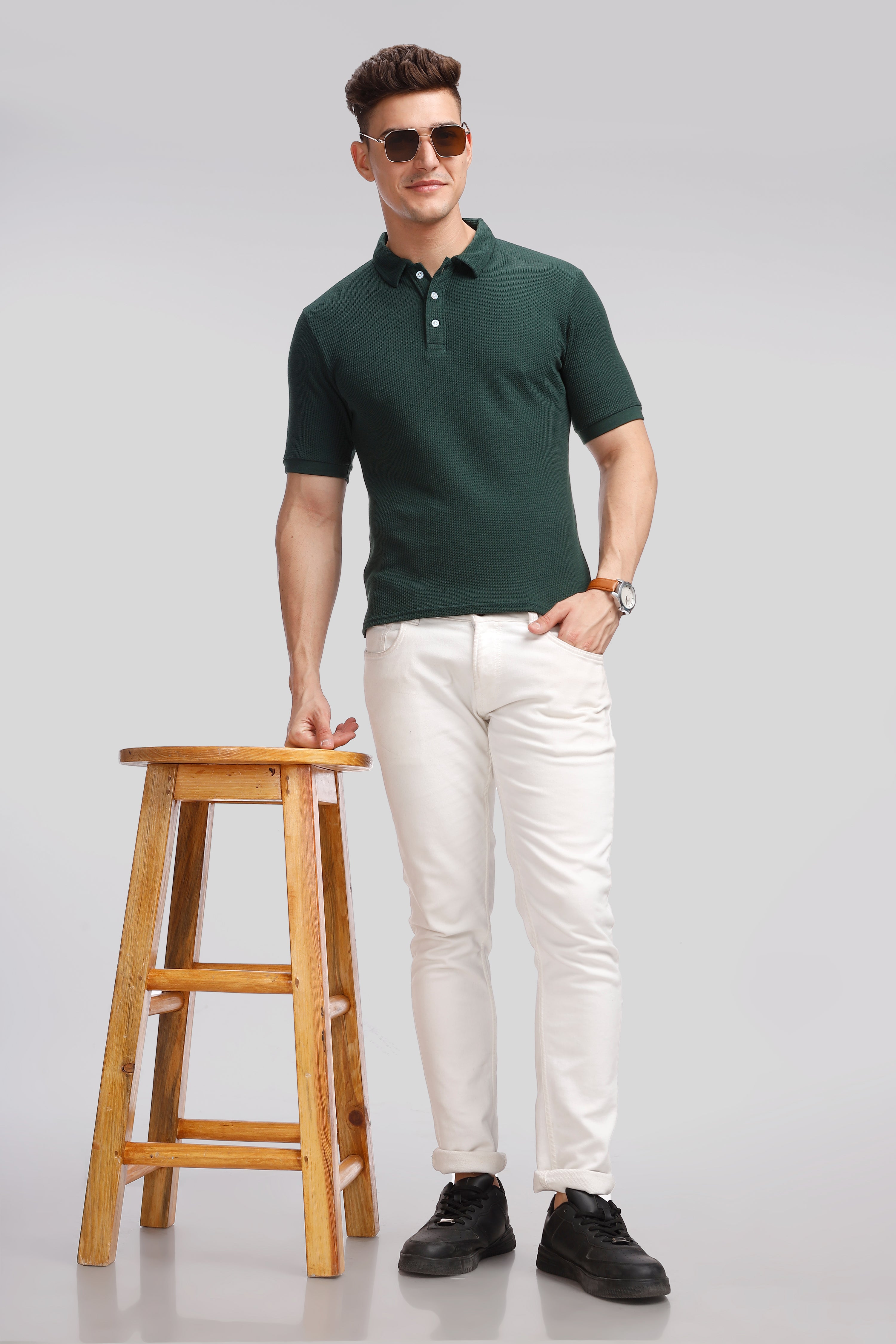 Dark Green Waffle Knit Polo T-Shirt