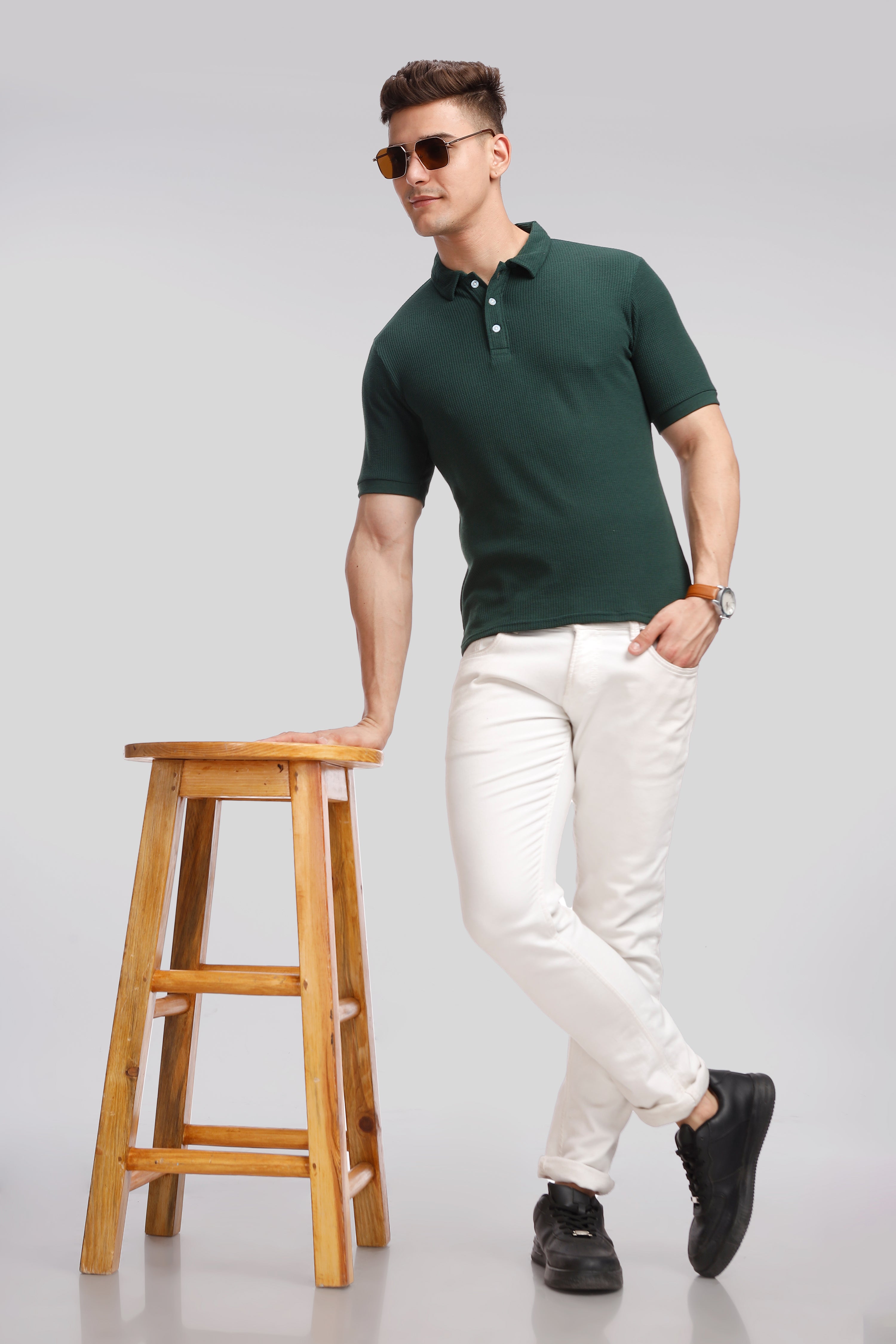 Dark Green Waffle Knit Polo T-Shirt