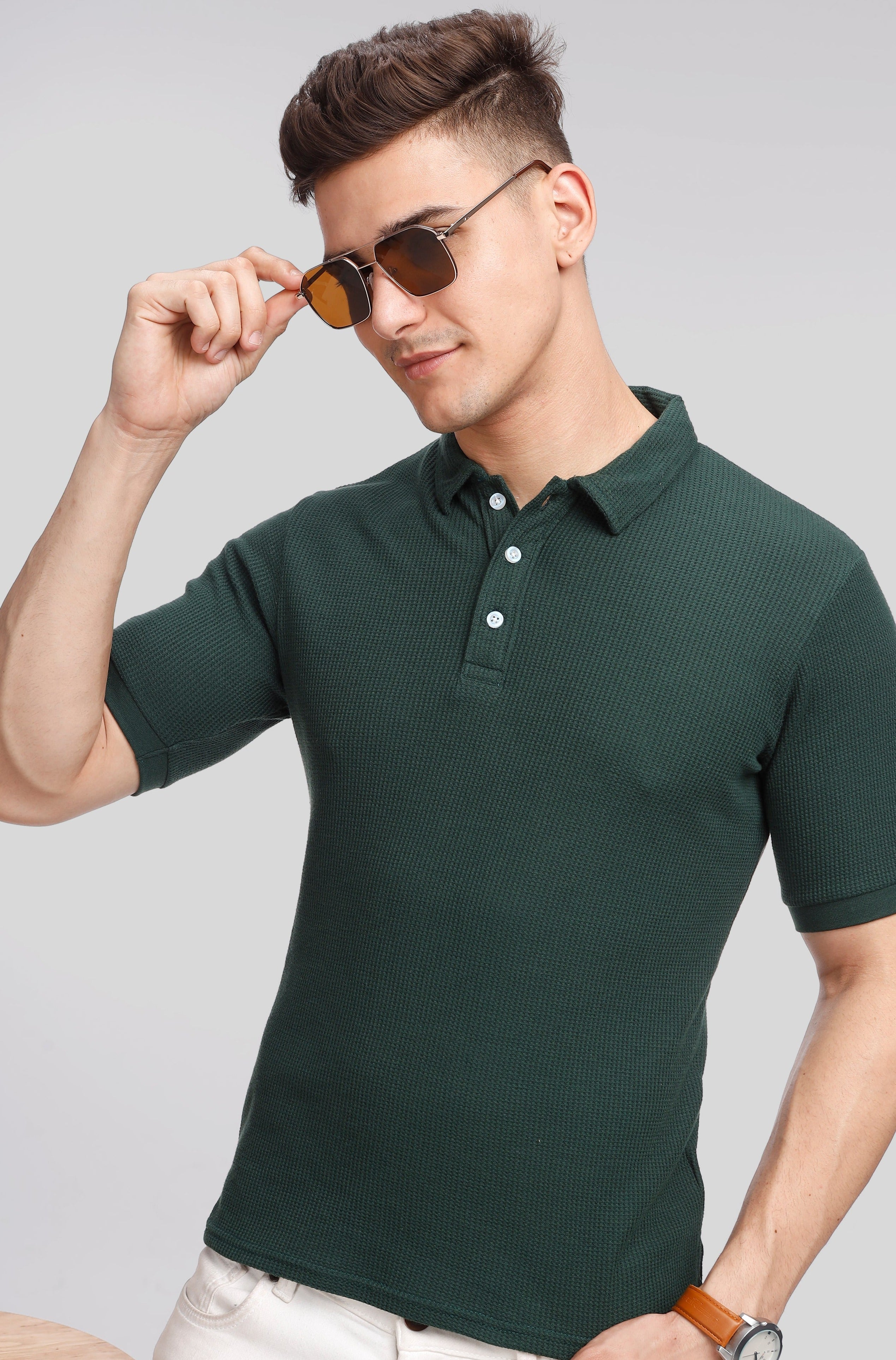 Dark Green Waffle Knit Polo T-Shirt