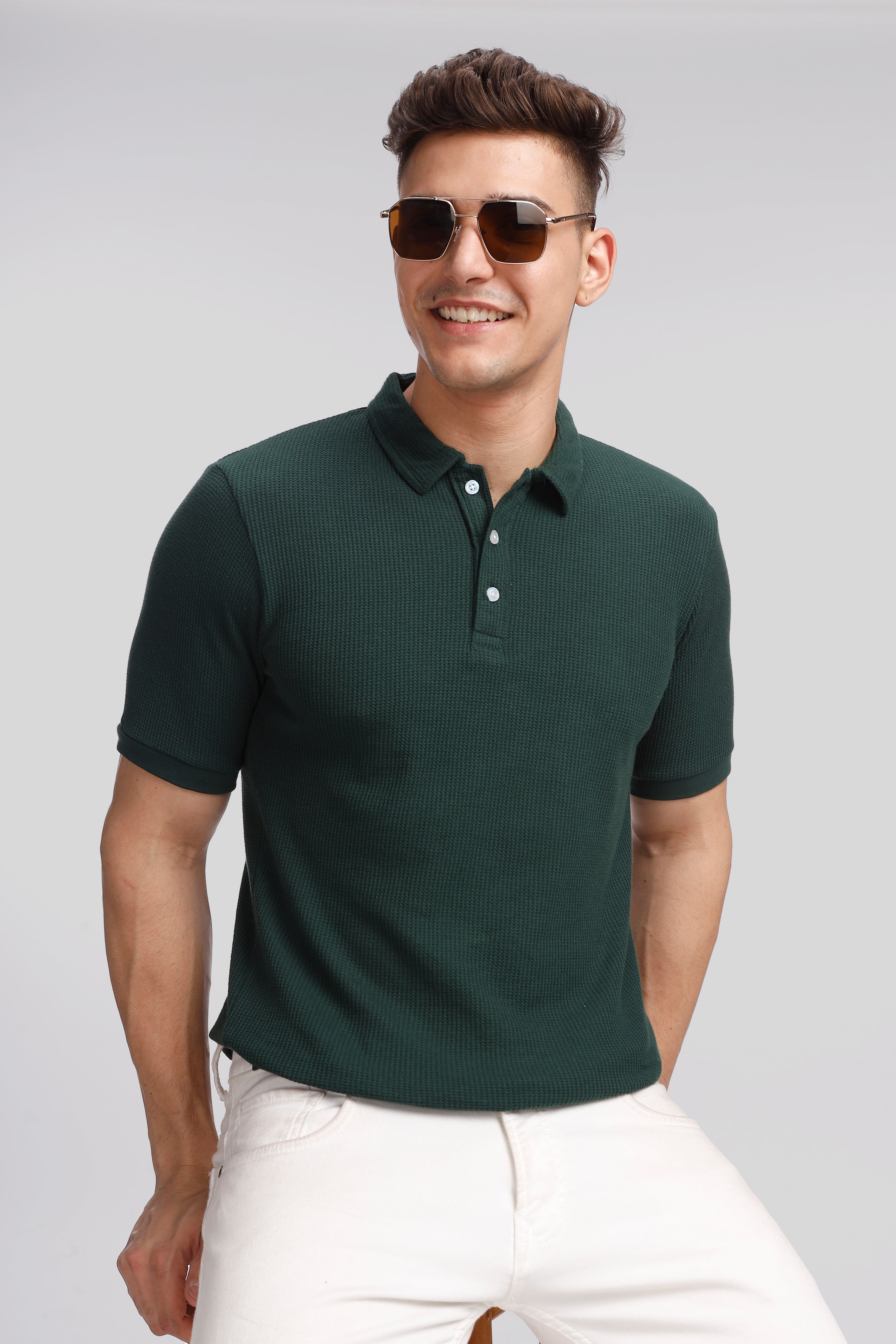 Dark Green Waffle Knit Polo T-Shirt