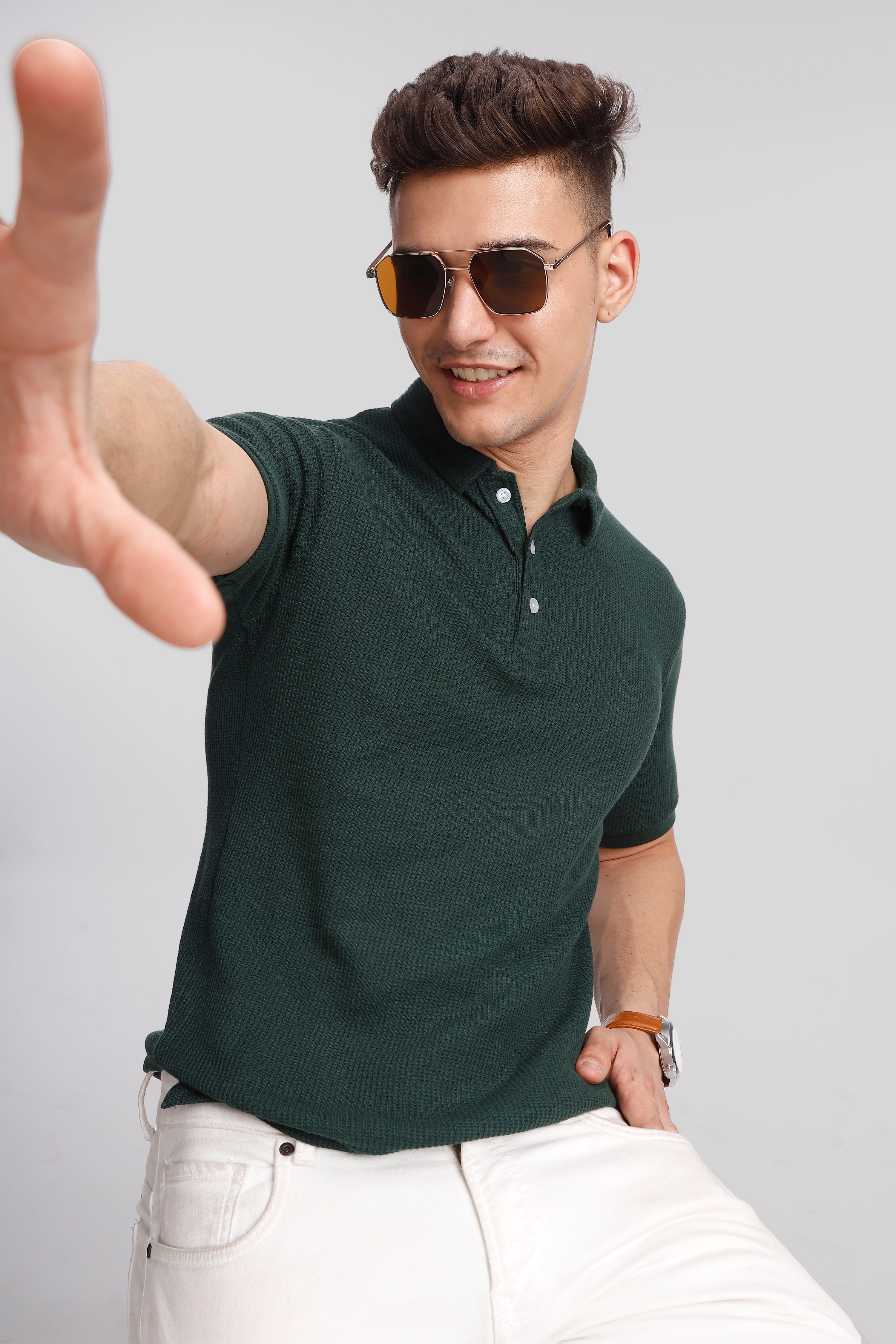 Dark Green Waffle Knit Polo T-Shirt