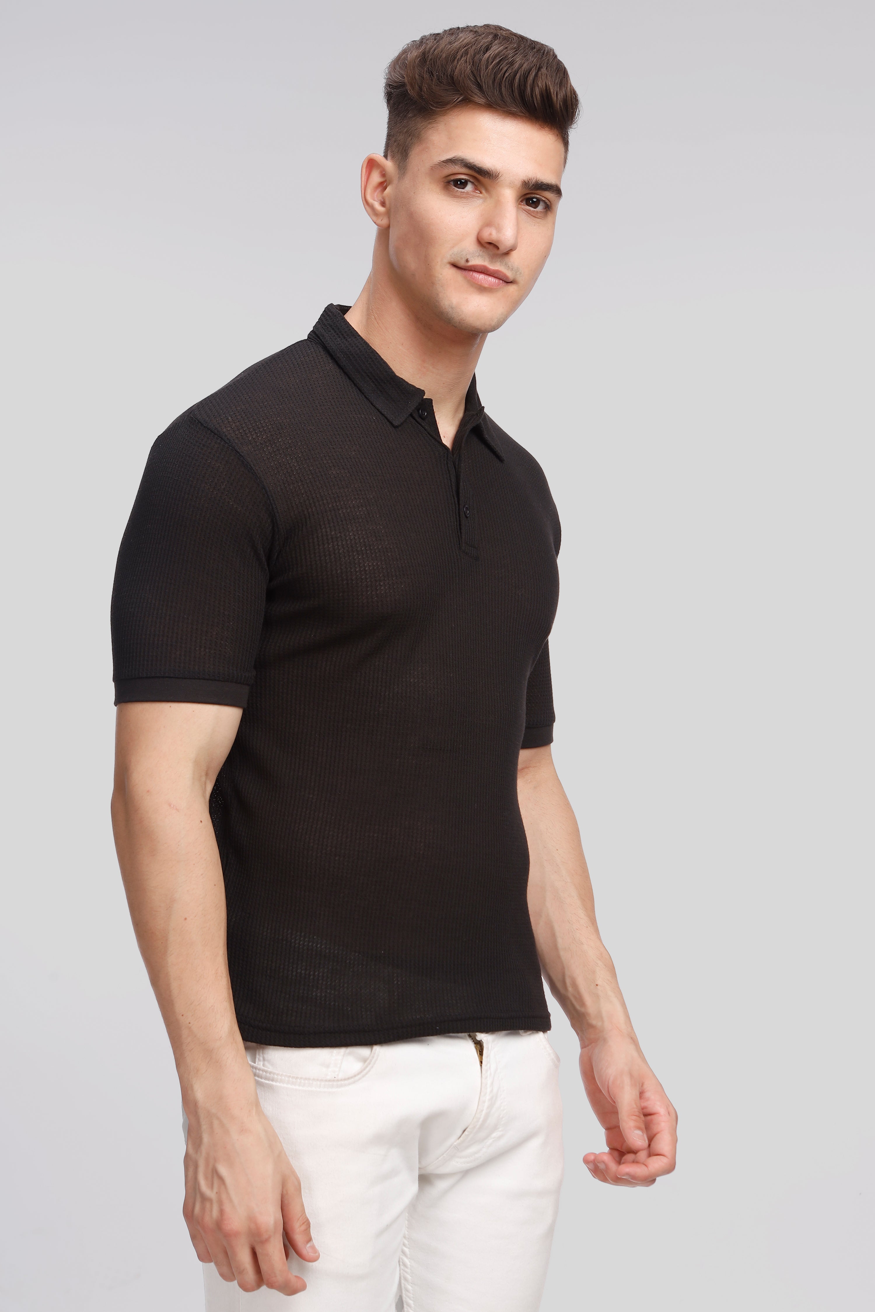 Black Waffle Polo T-Shirt