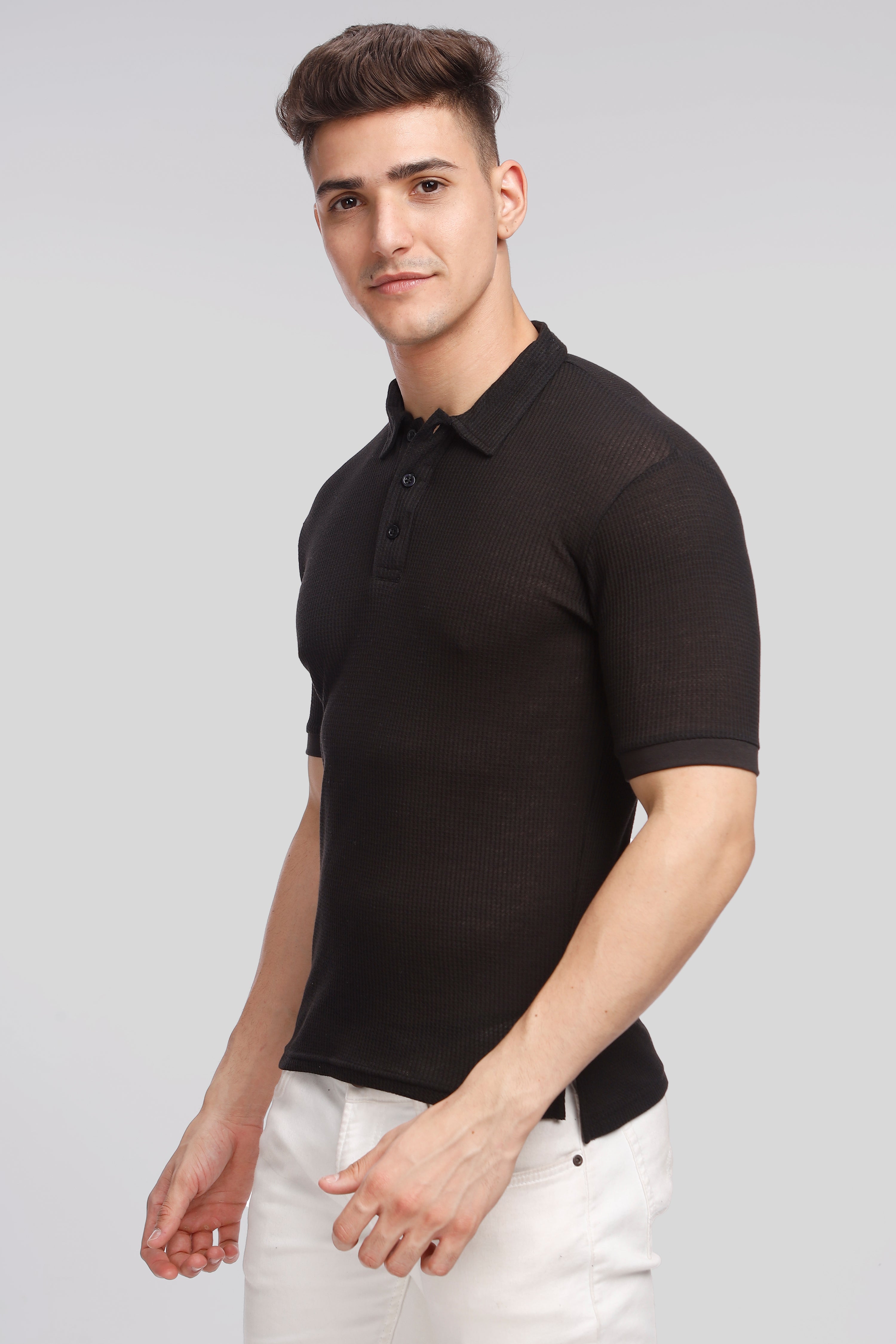 Black Waffle Polo T-Shirt