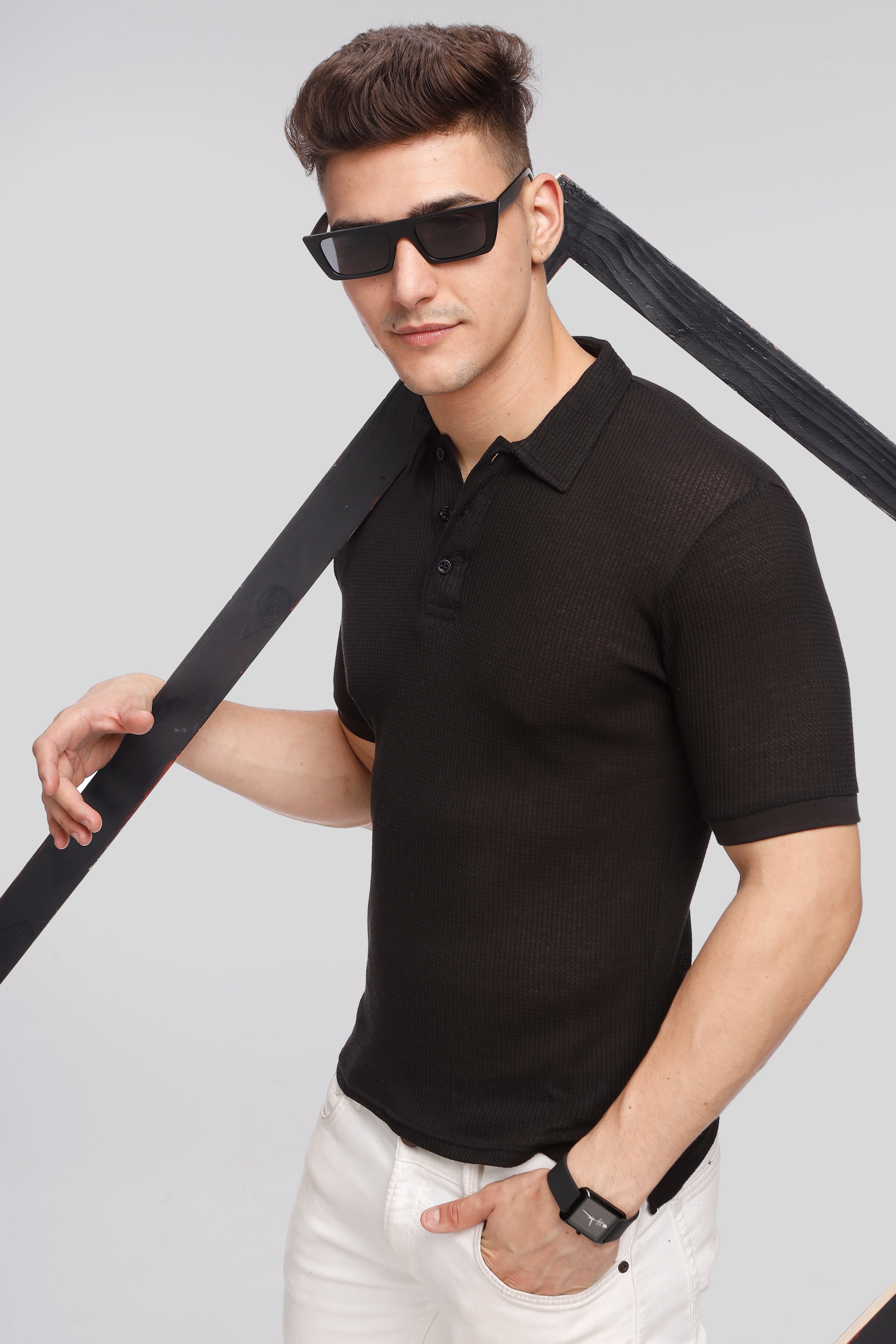 Black Waffle Polo T-Shirt