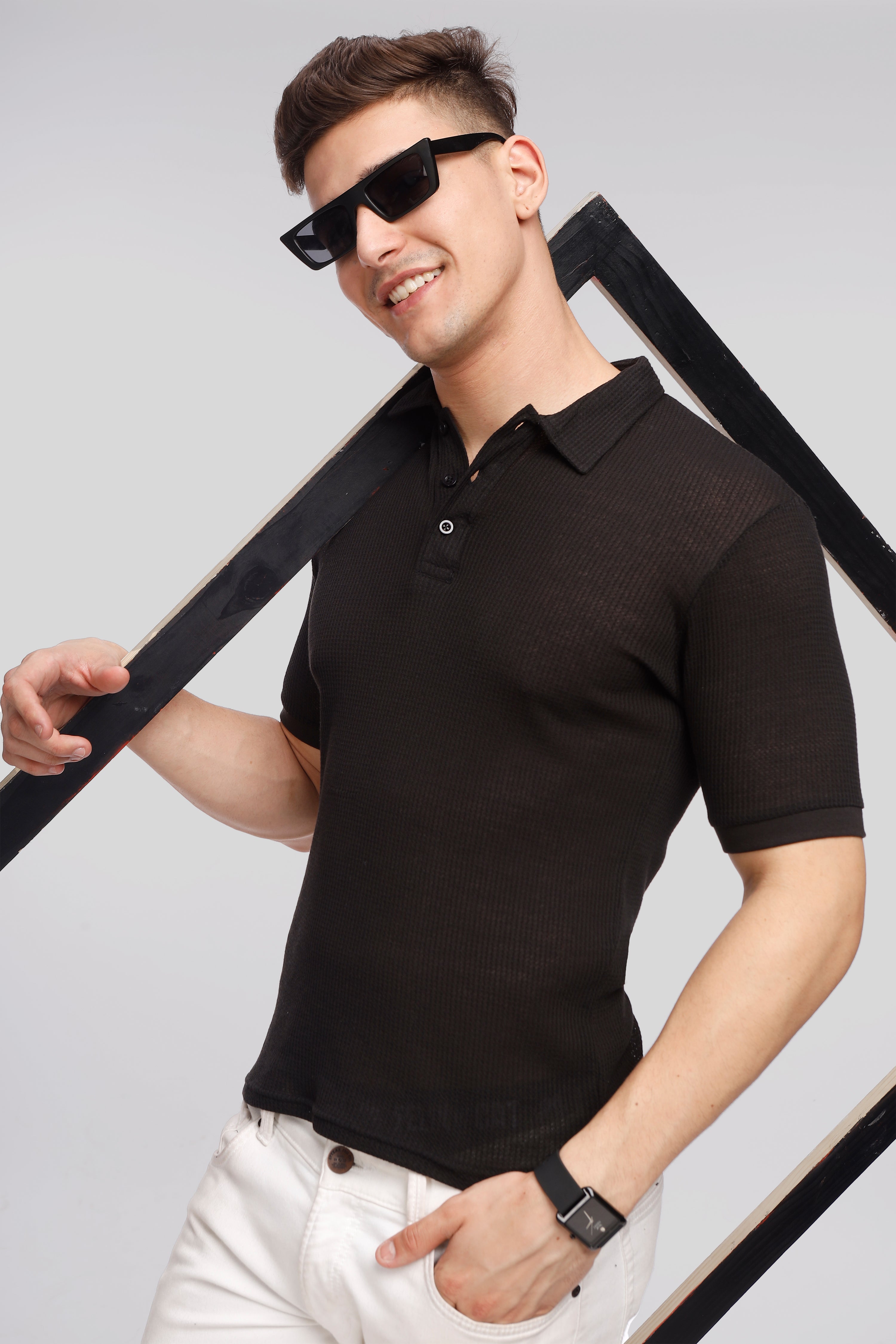 Black Waffle Polo T-Shirt