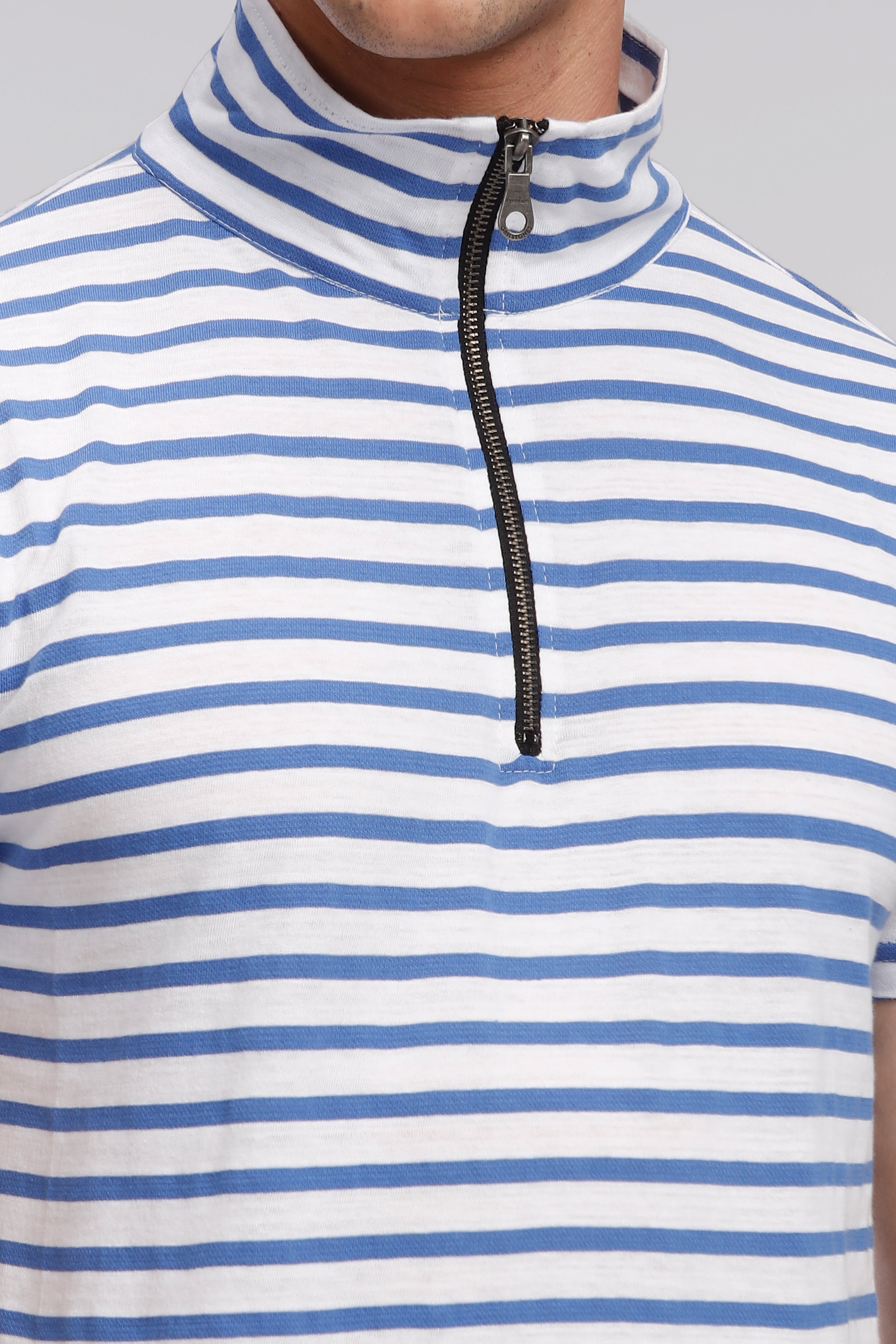 Blue Striper Self Design Zipper T-Shirt