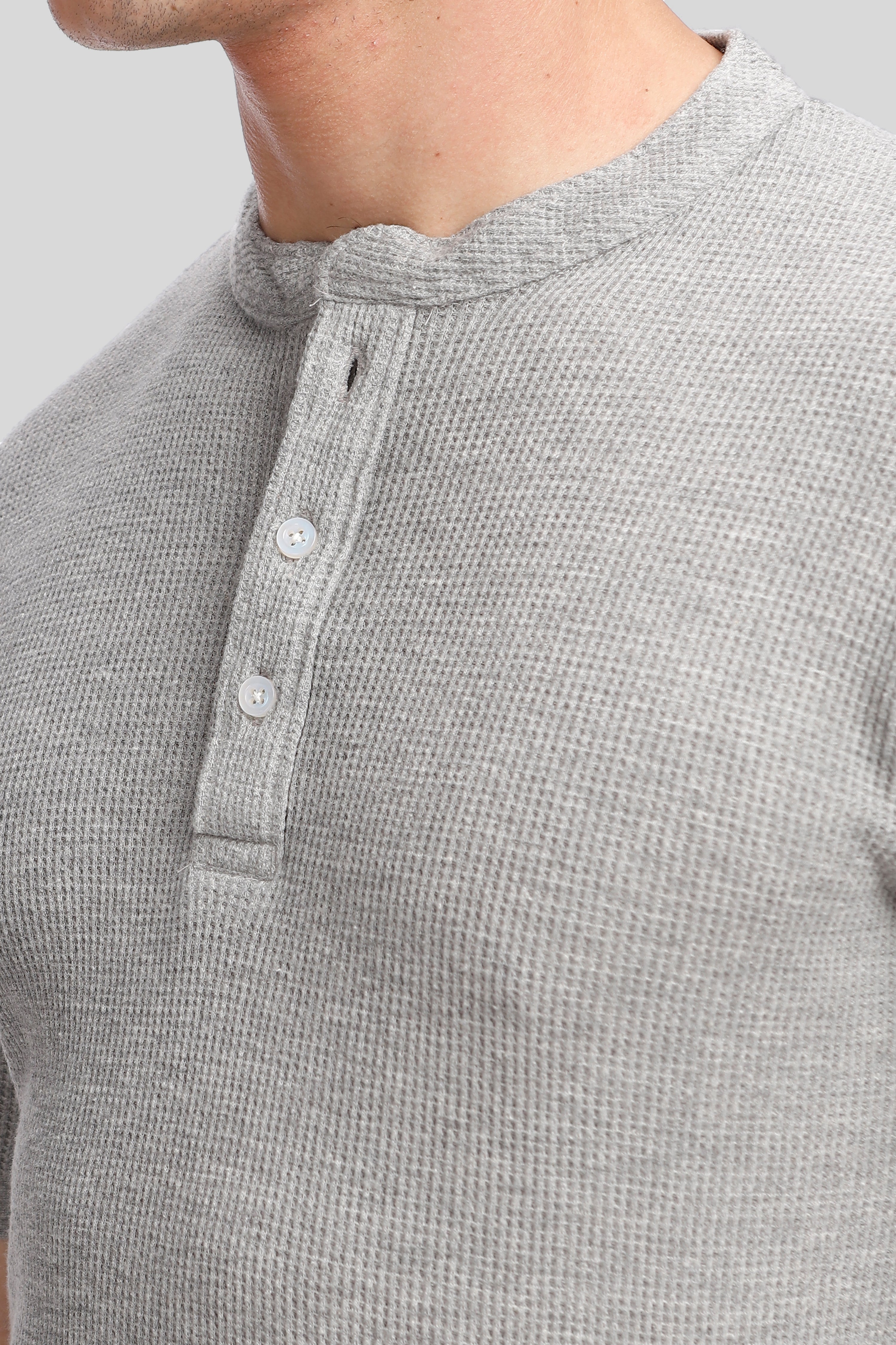 Grey Melange Waffle Knit Henley T-Shirt