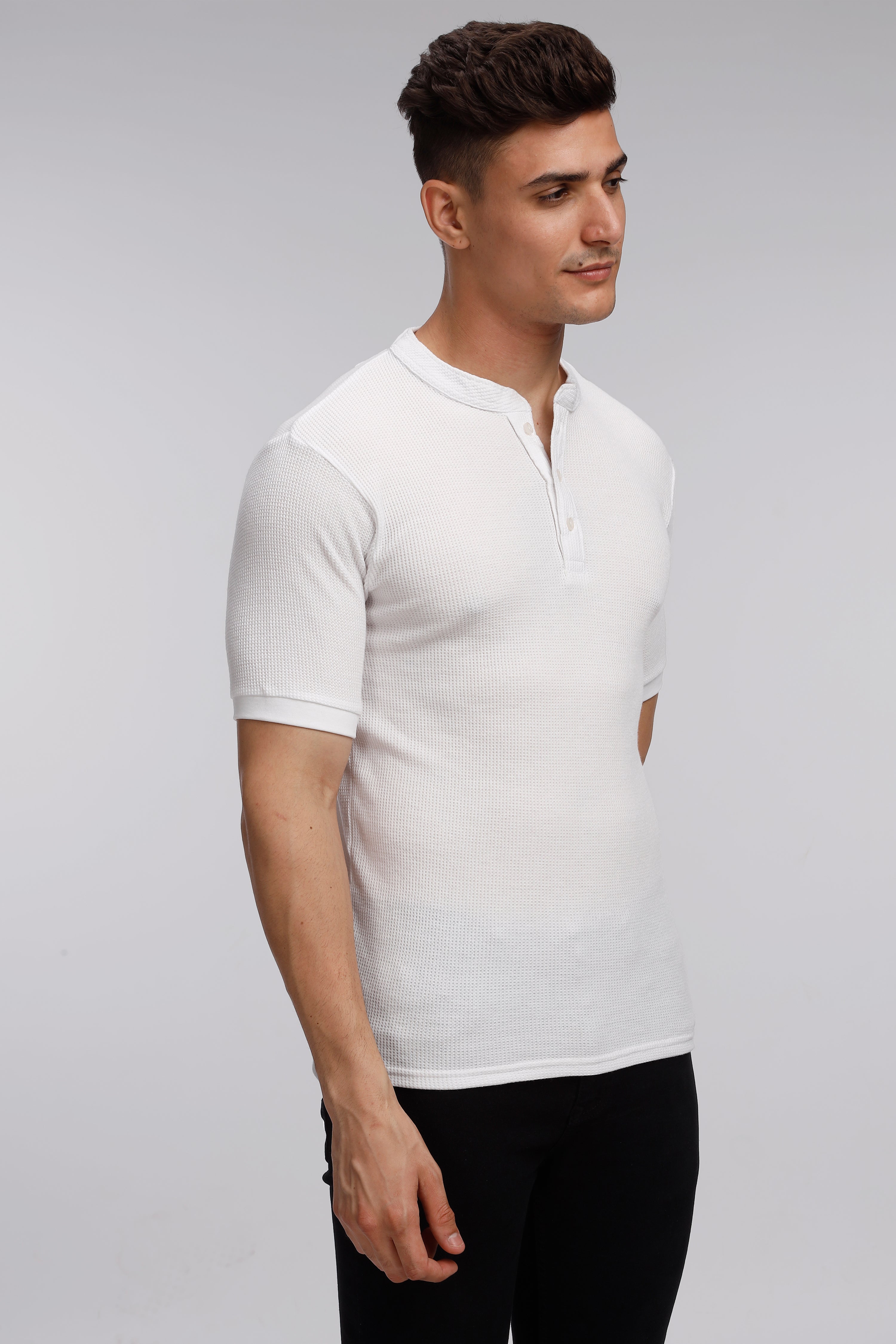 White Waffle Knit Henley T-Shirt