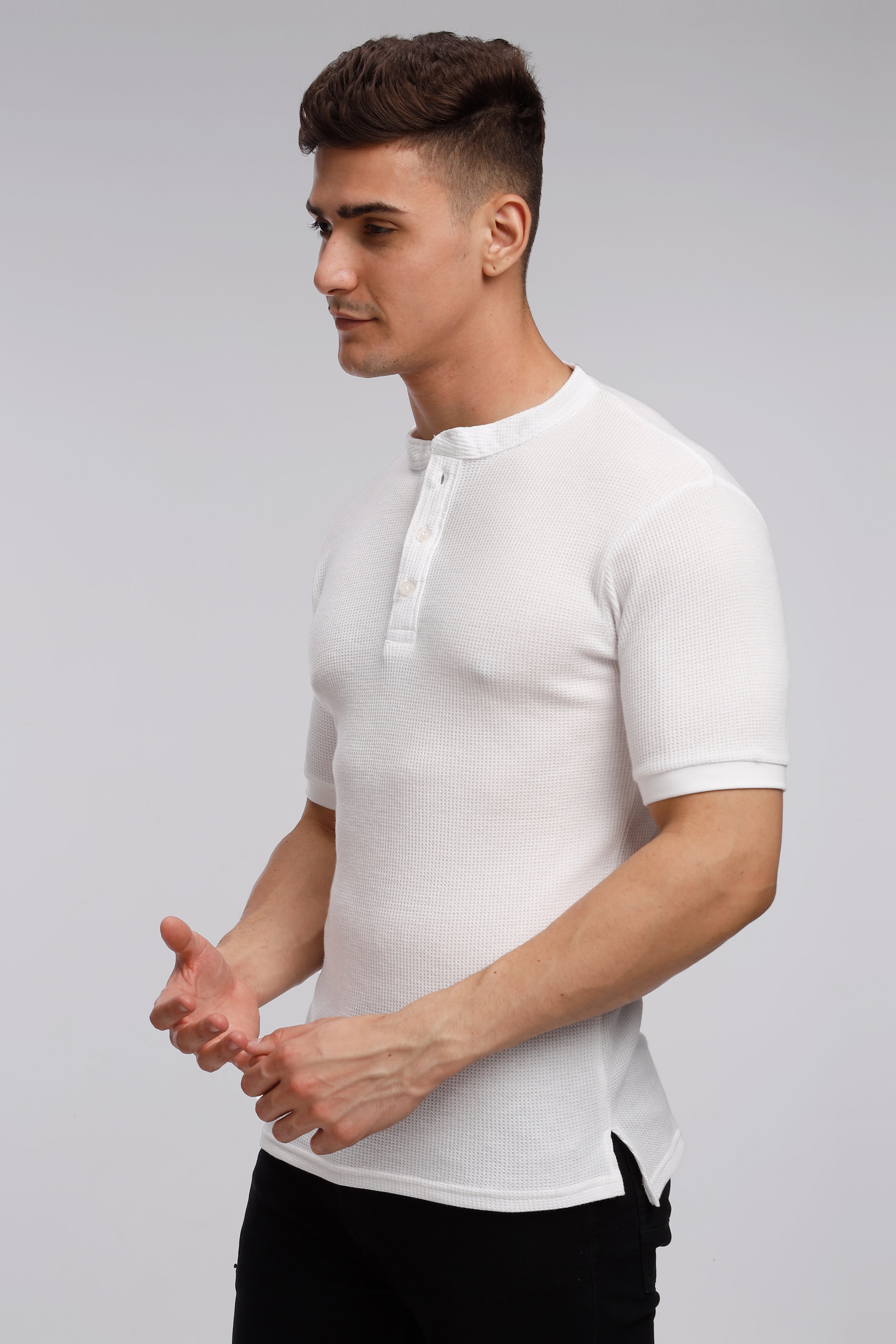 White Waffle Knit Henley T-Shirt