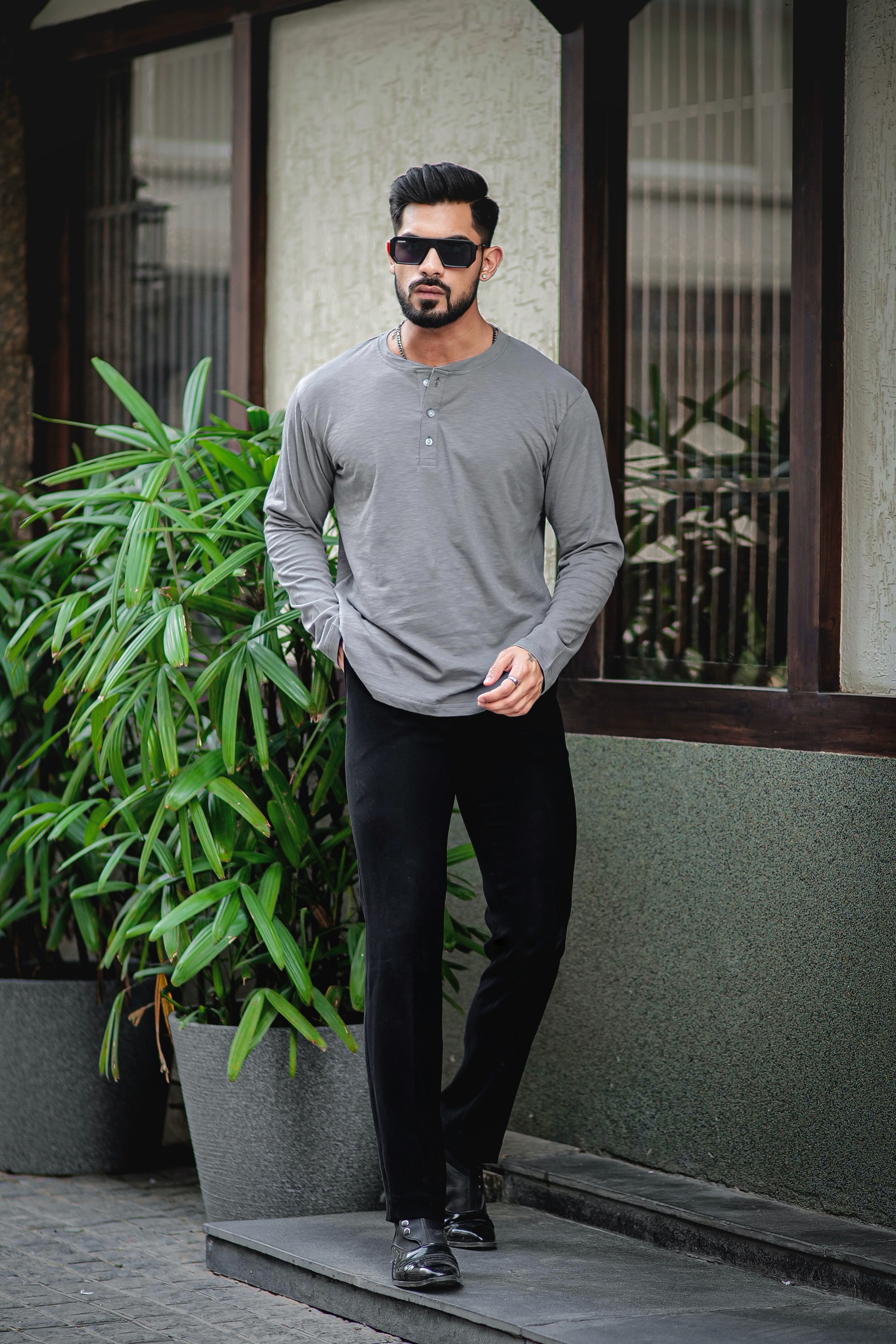 Dark Grey Self Design Henley T-Shirt