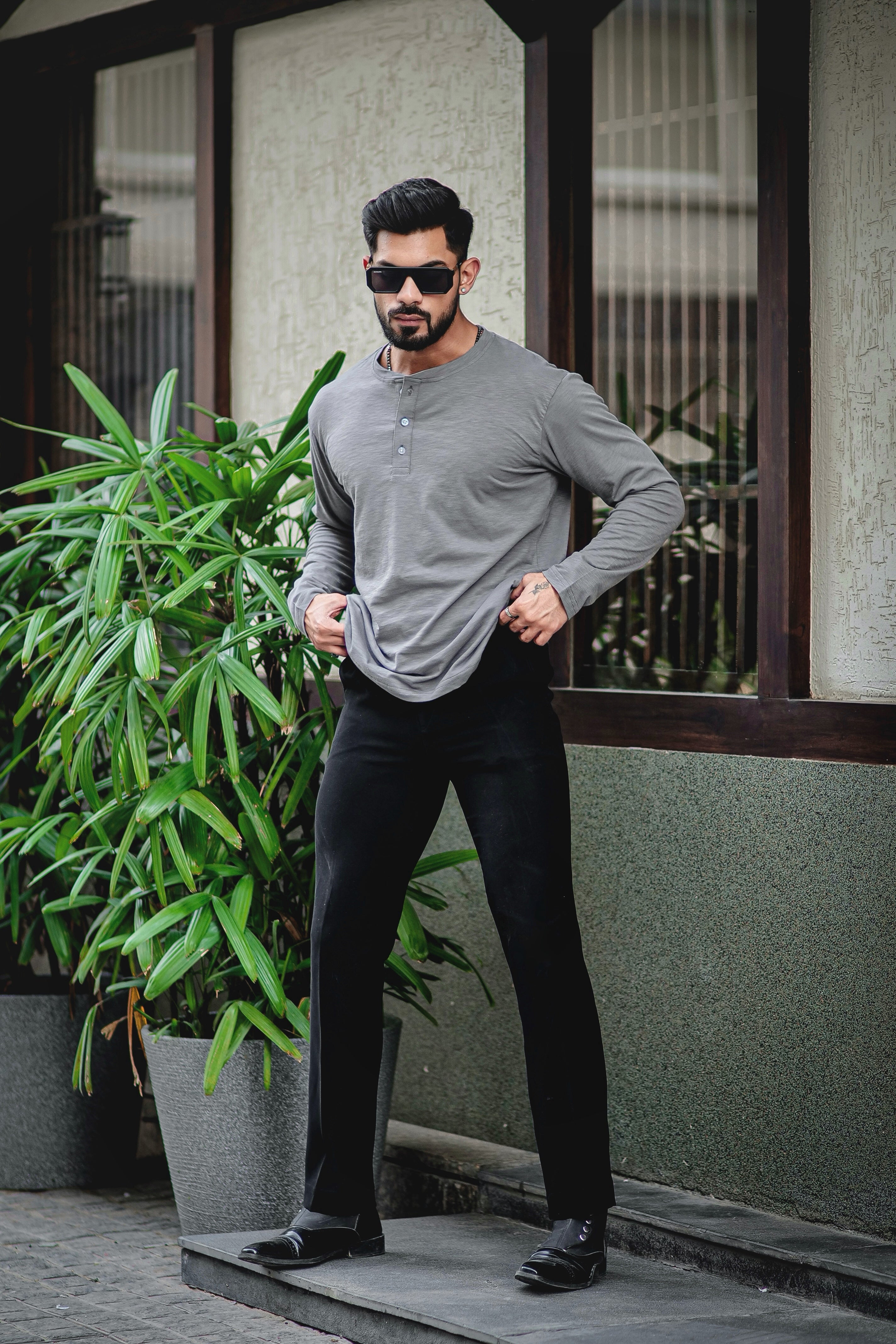 Dark Grey Self Design Henley T-Shirt