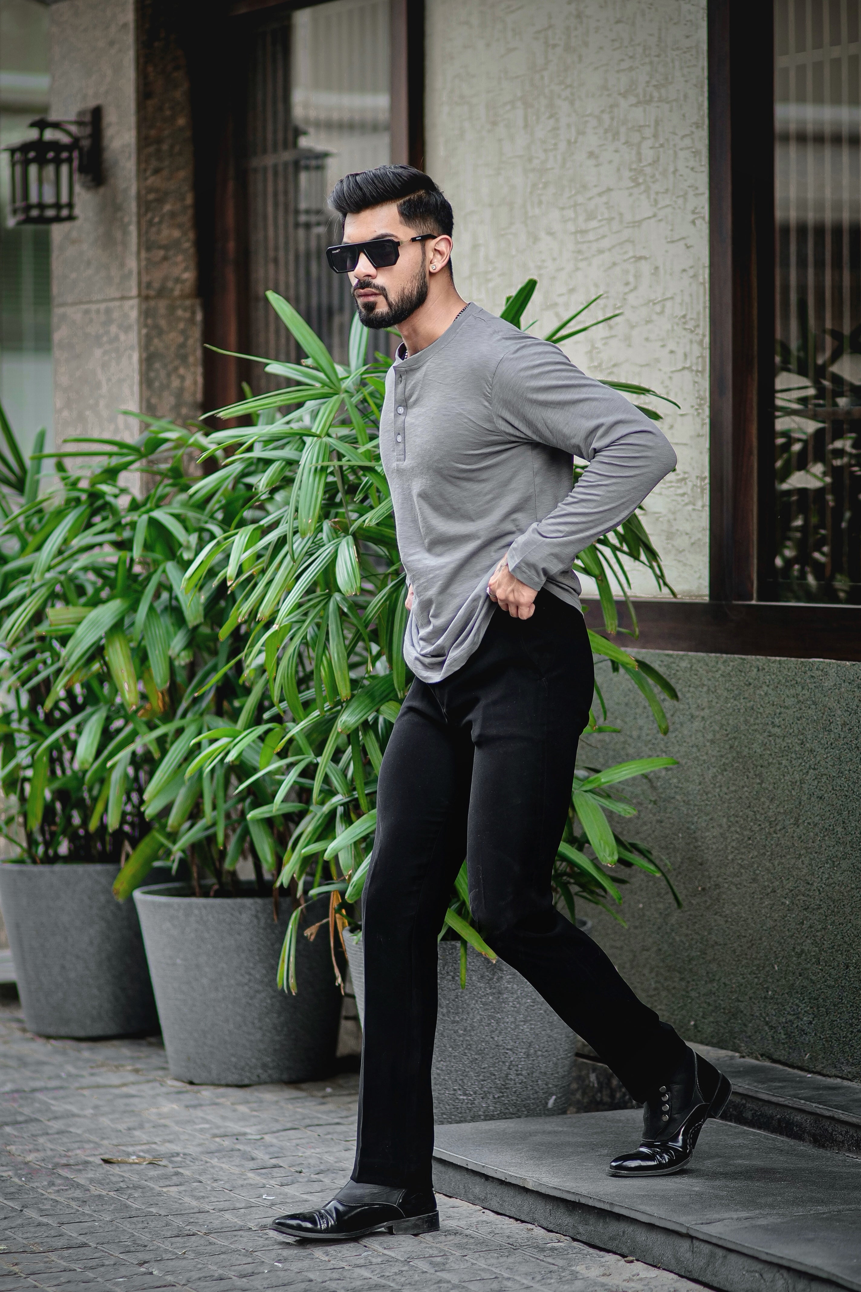 Dark Grey Self Design Henley T-Shirt