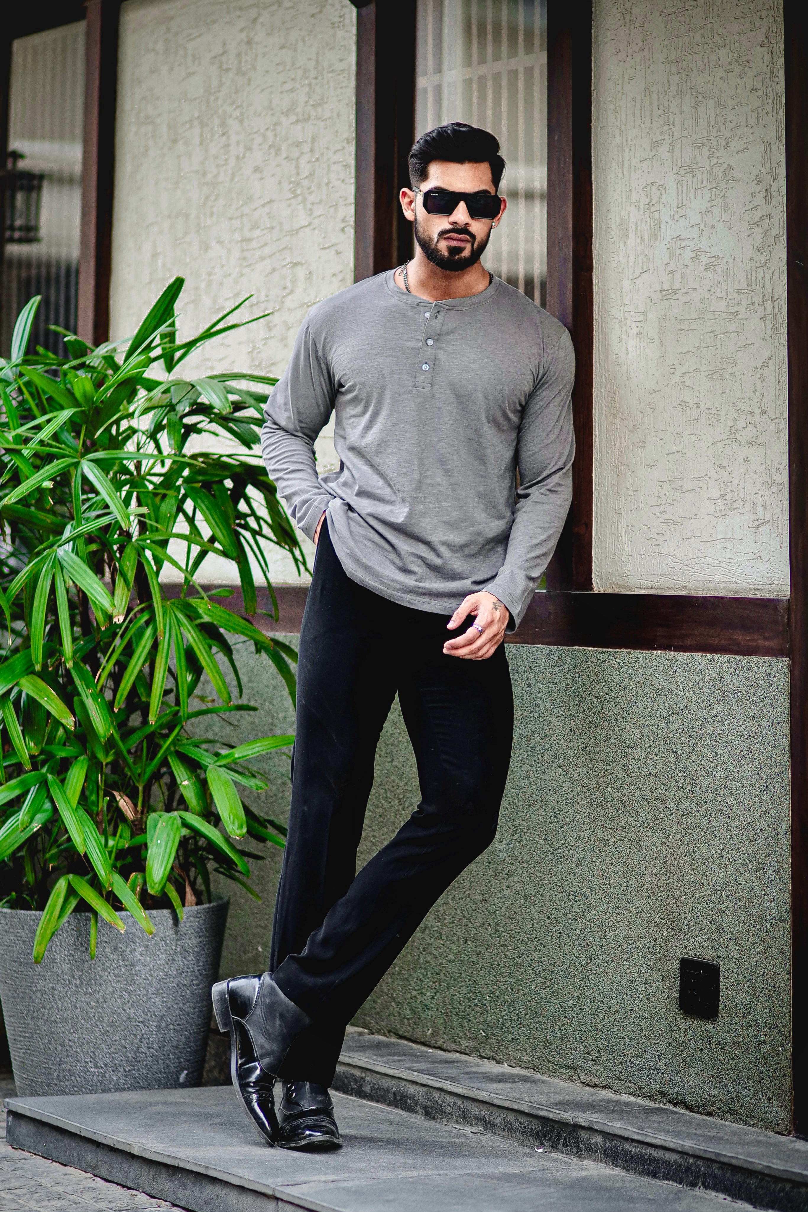 Dark Grey Self Design Henley T-Shirt