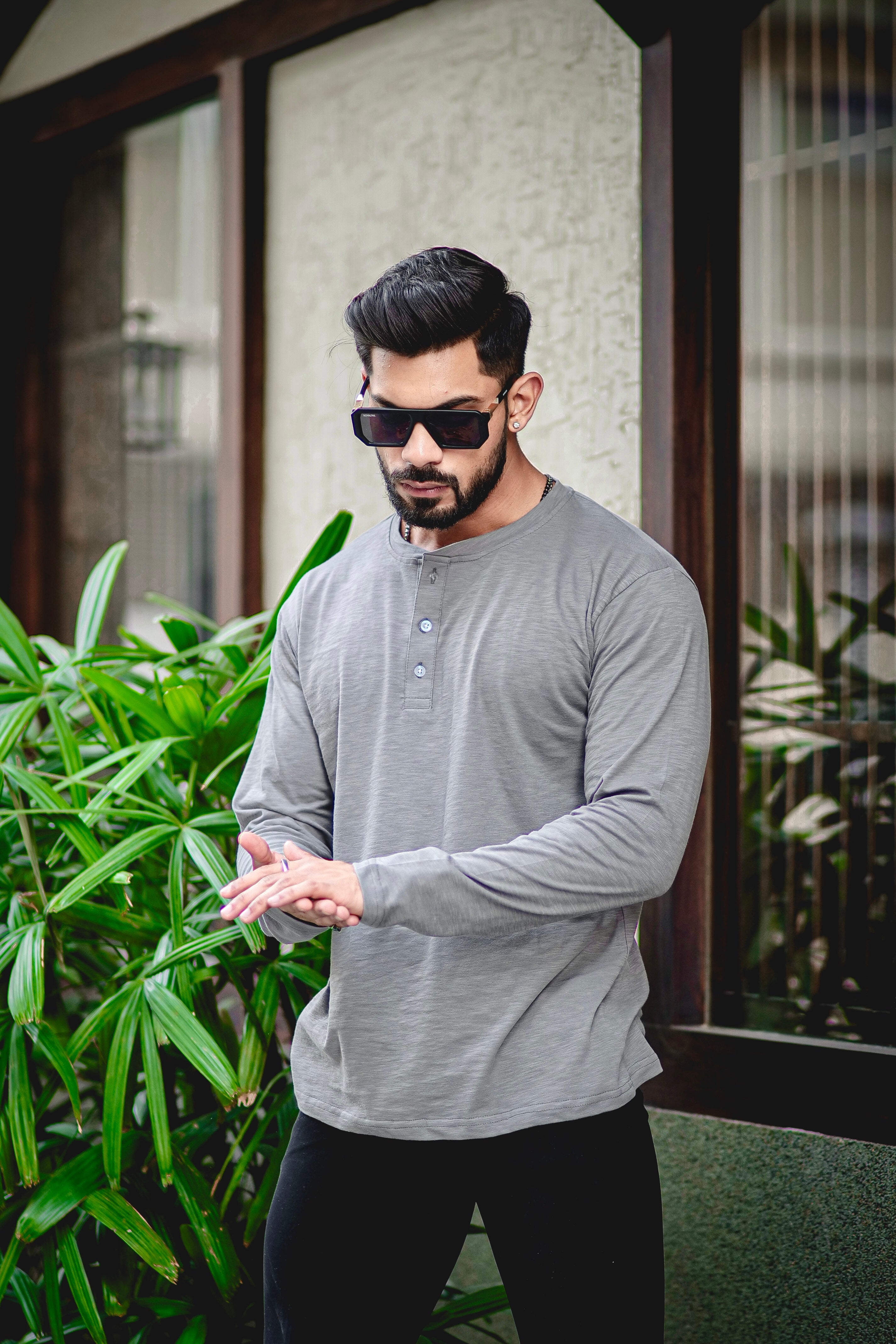 Dark Grey Self Design Henley T-Shirt