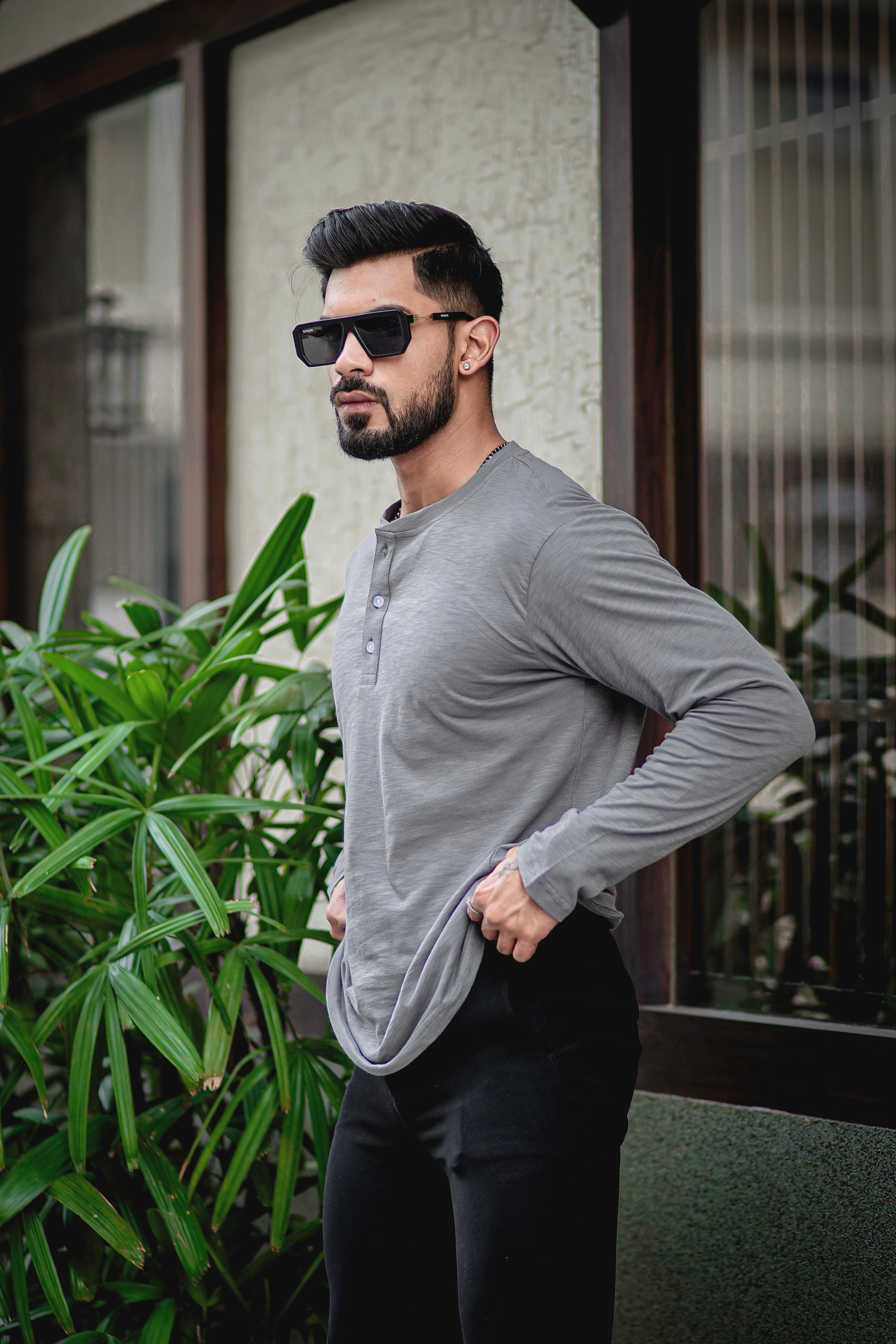 Dark Grey Self Design Henley T-Shirt