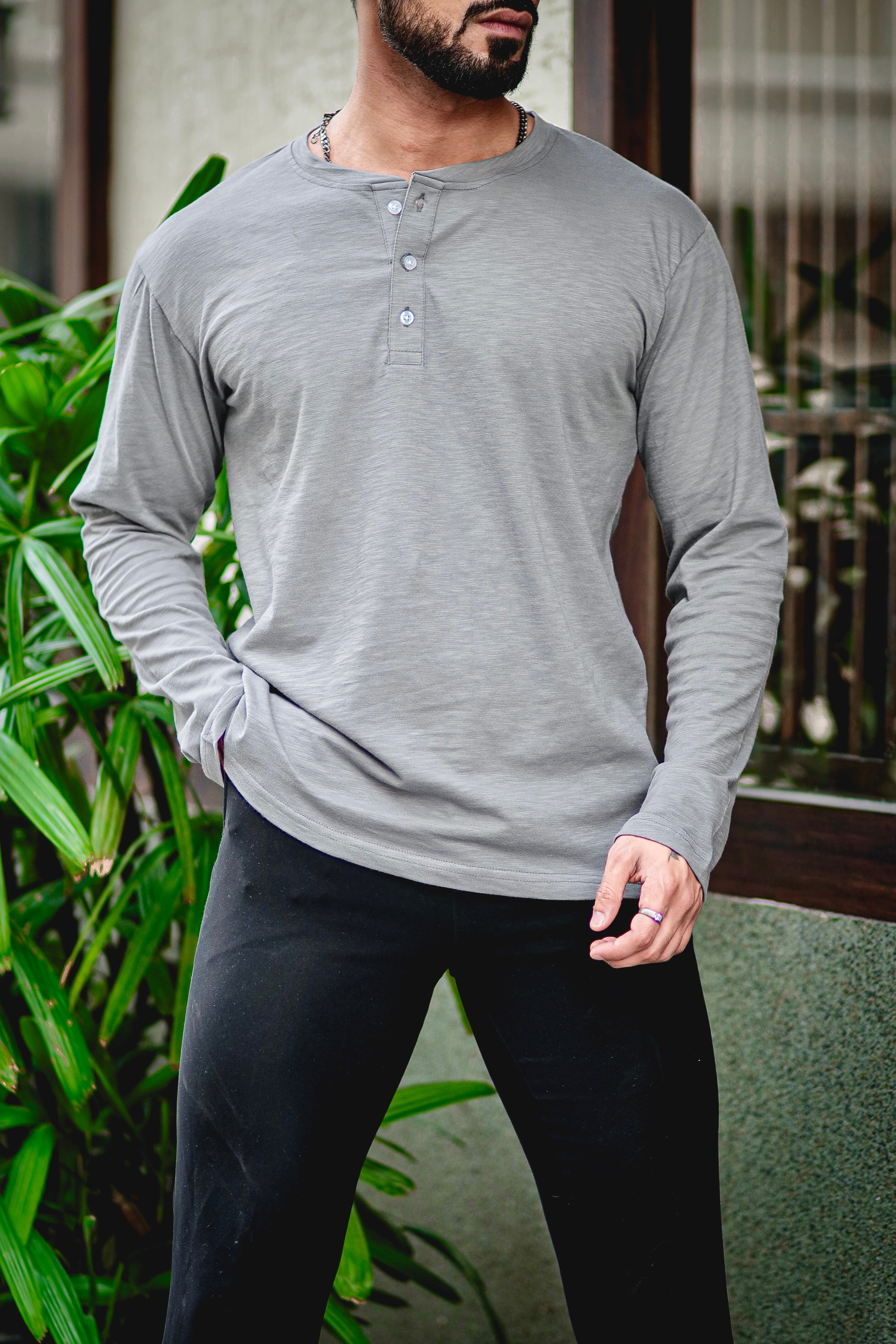 Dark Grey Self Design Henley T-Shirt