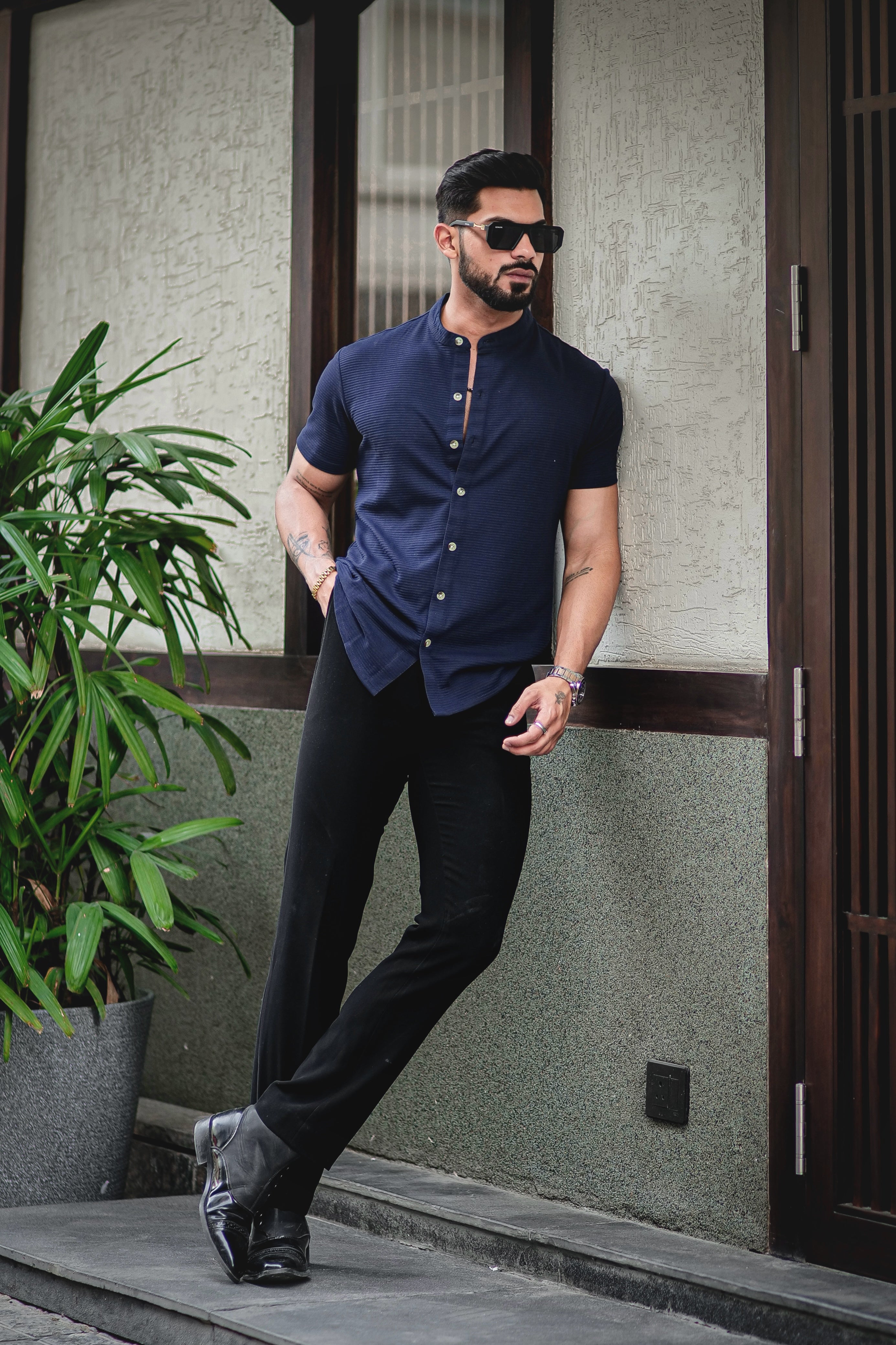 Navy Blue Self Design Shirt