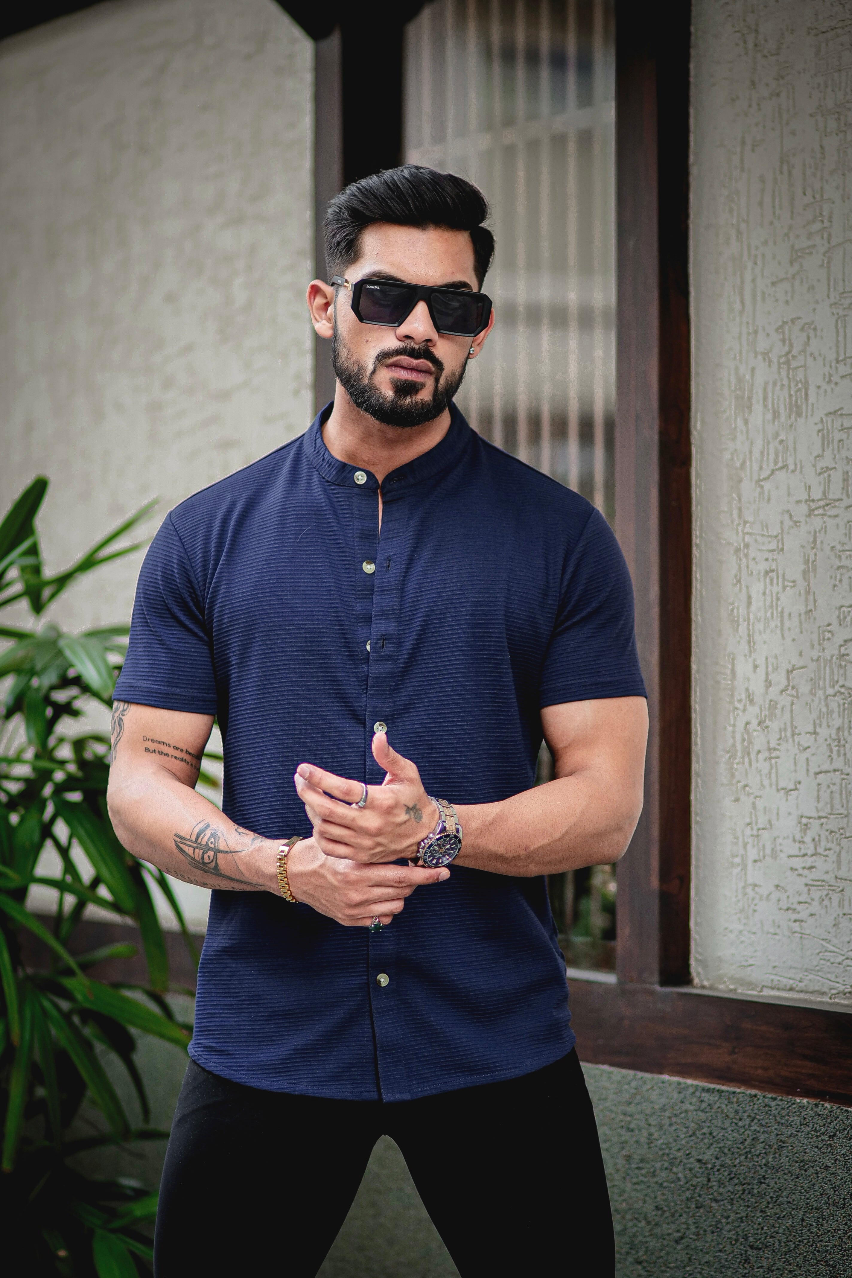 Navy Blue Self Design Shirt