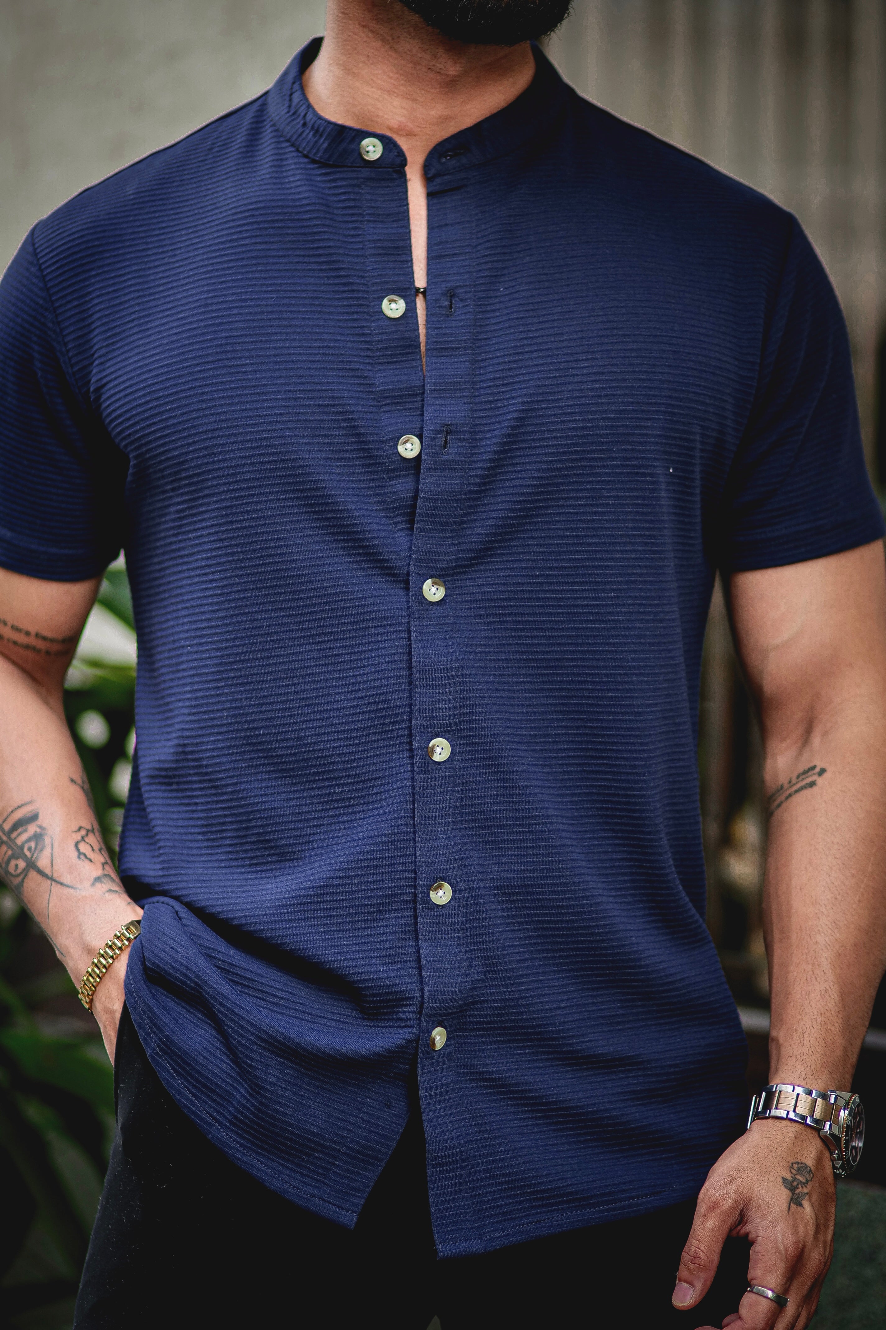 Navy Blue Self Design Shirt