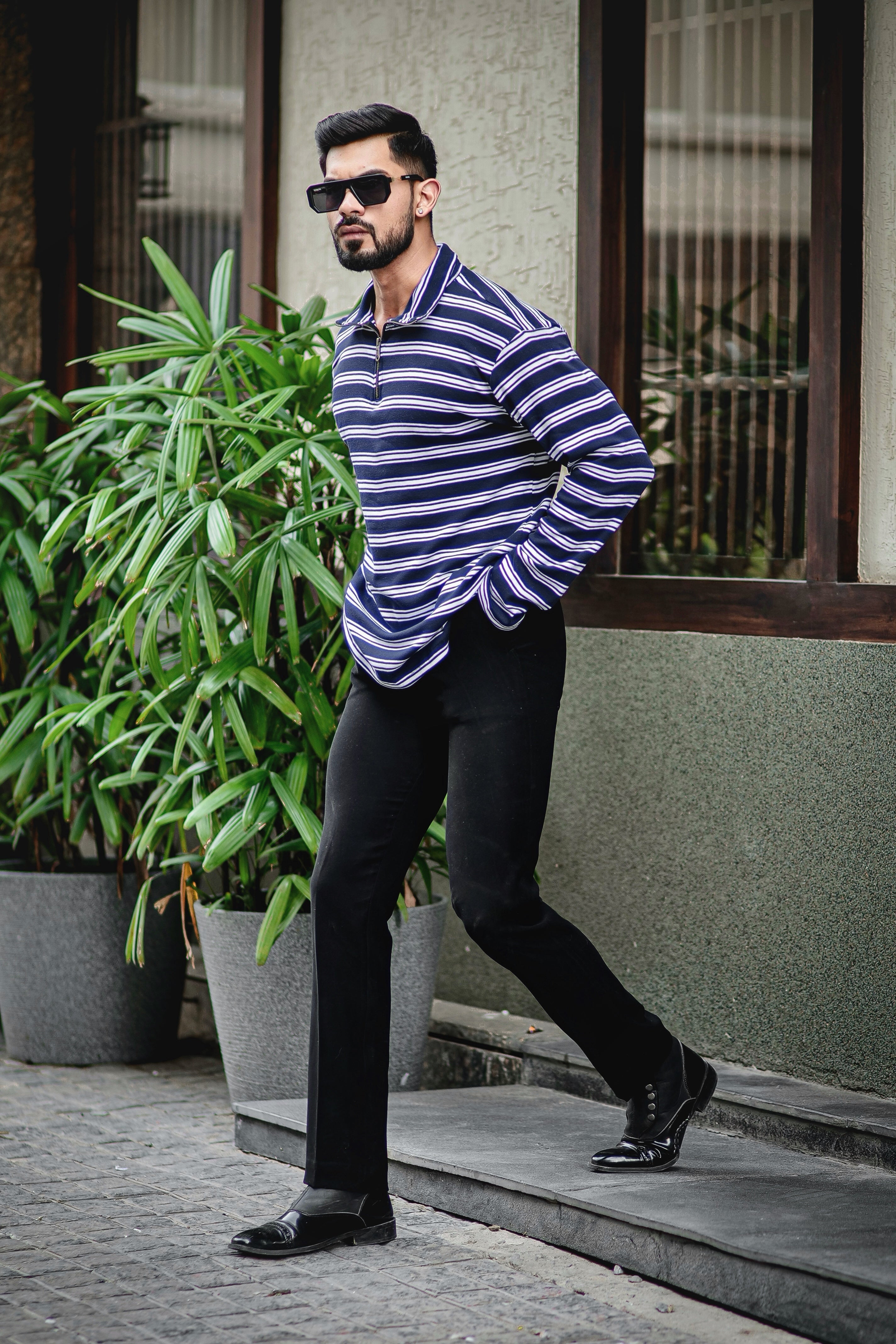 White/ Blue Stripe Cotton Zipper T-Shirt