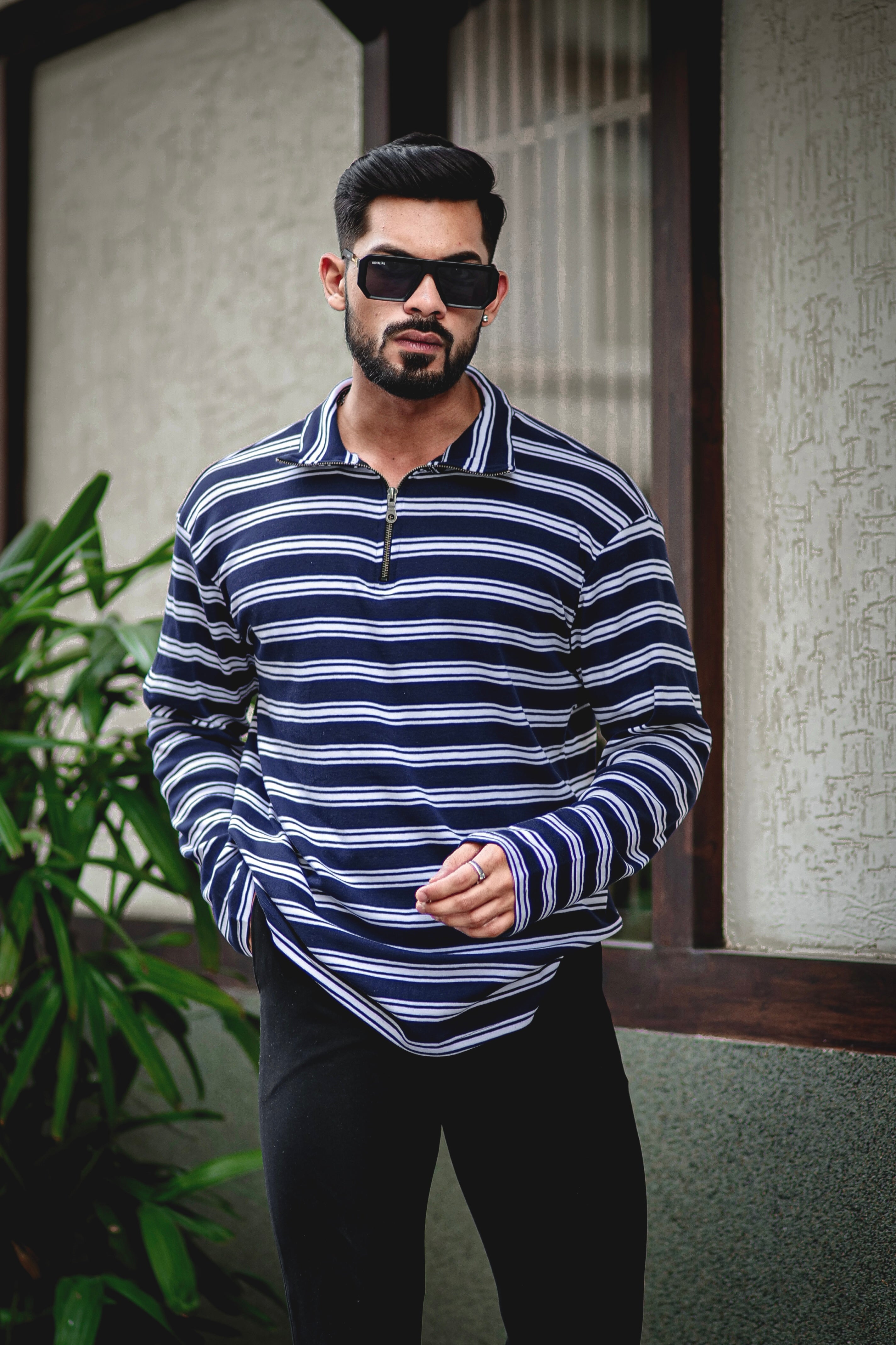 White/ Blue Stripe Cotton Zipper T-Shirt