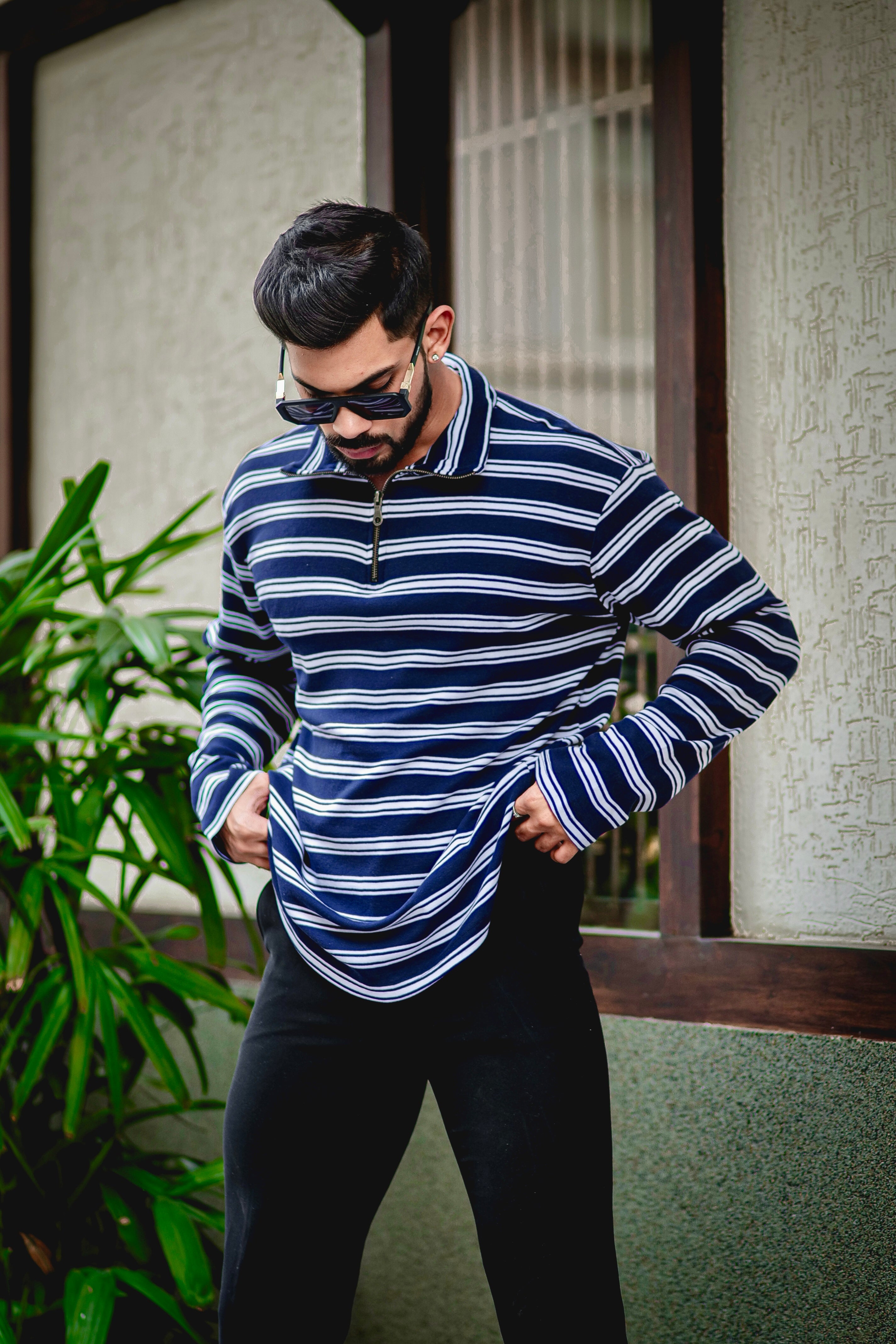 White/ Blue Stripe Cotton Zipper T-Shirt