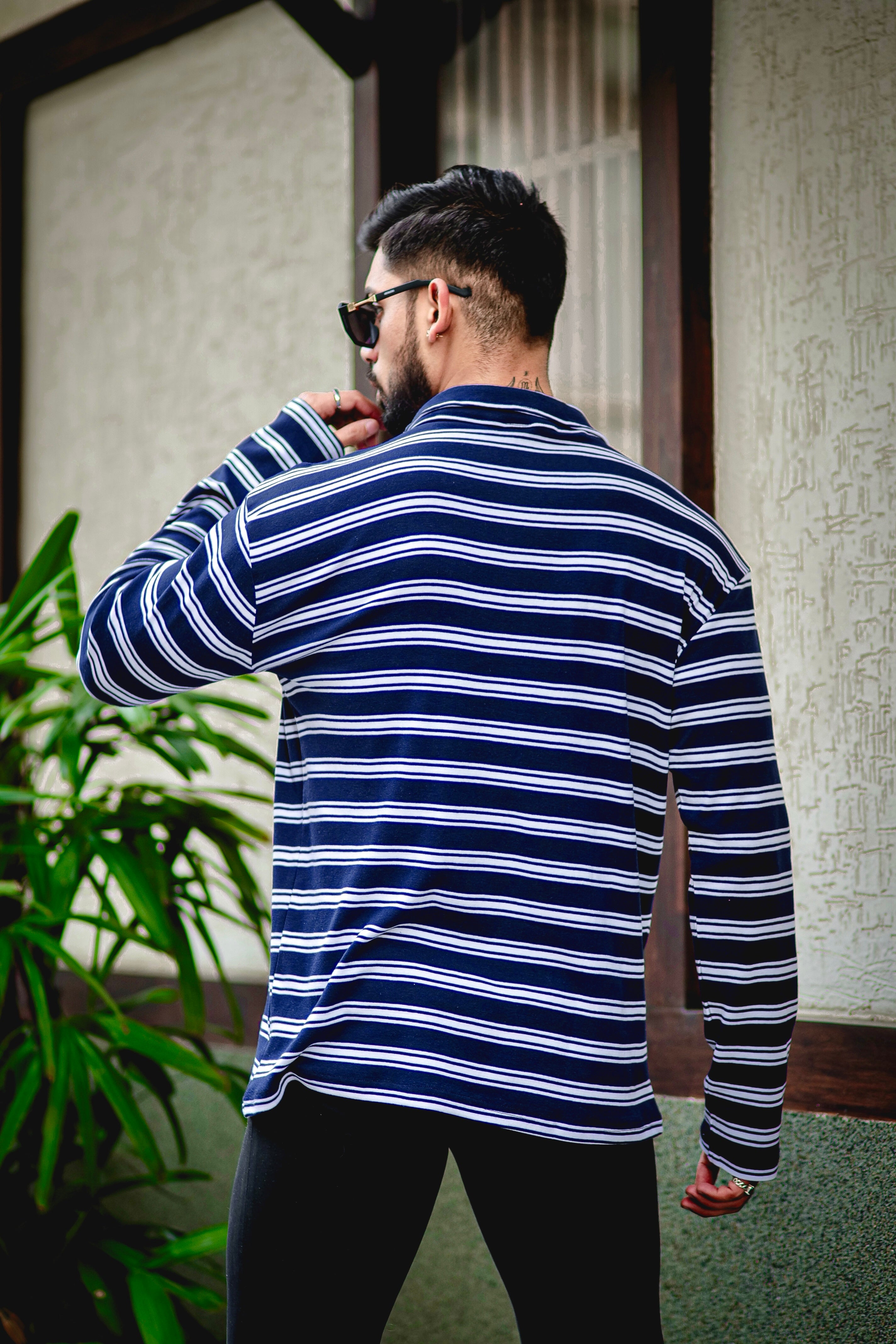 White/ Blue Stripe Cotton Zipper T-Shirt