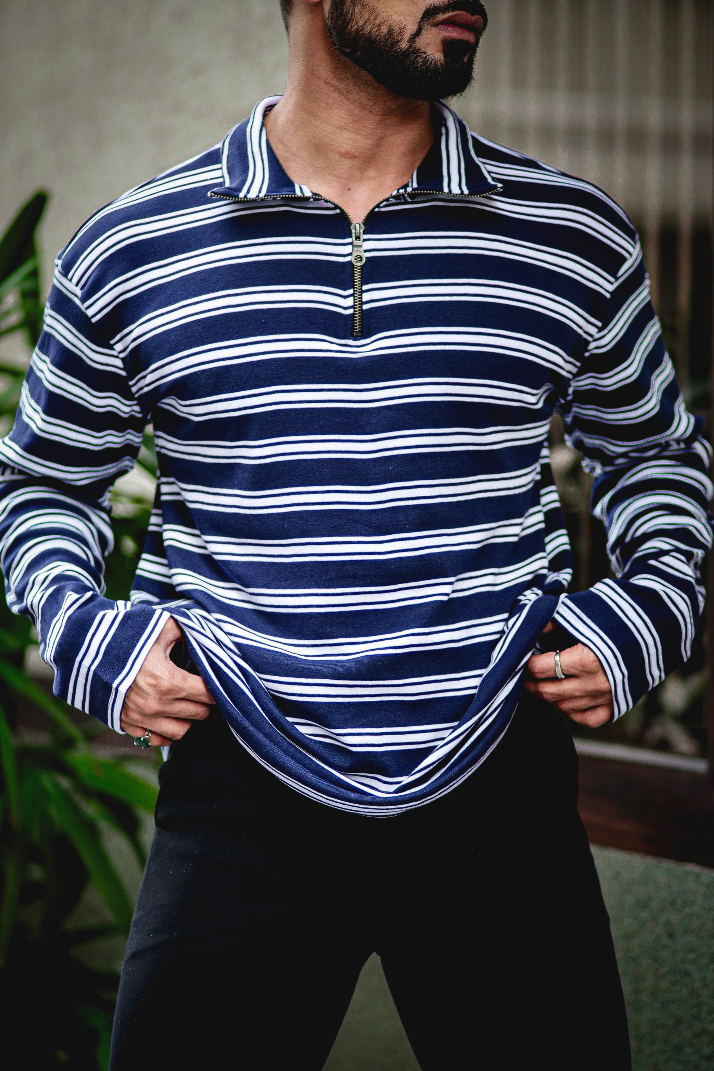 White/ Blue Stripe Cotton Zipper T-Shirt