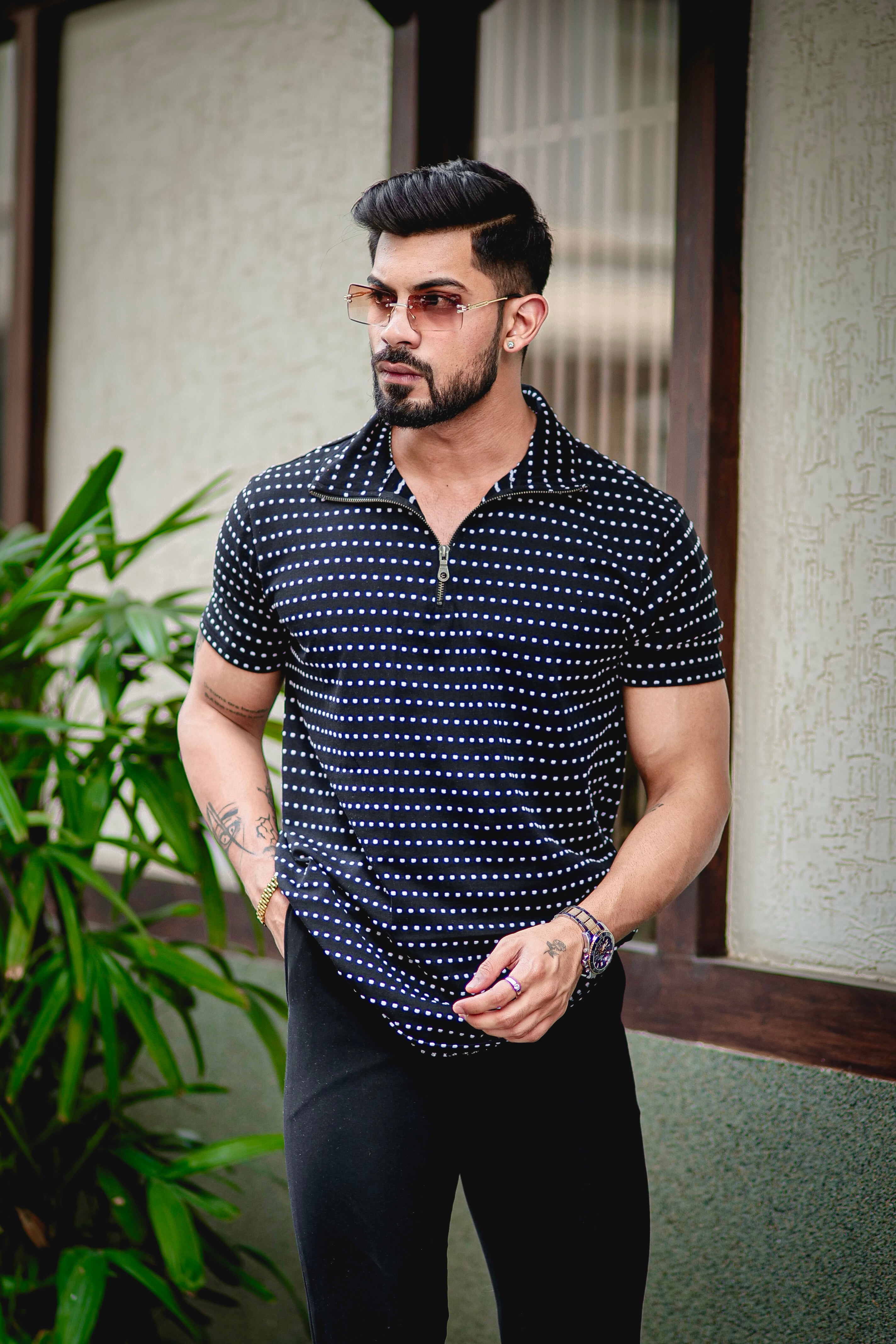 Black Dot Print Cotton Zipper T-Shirt