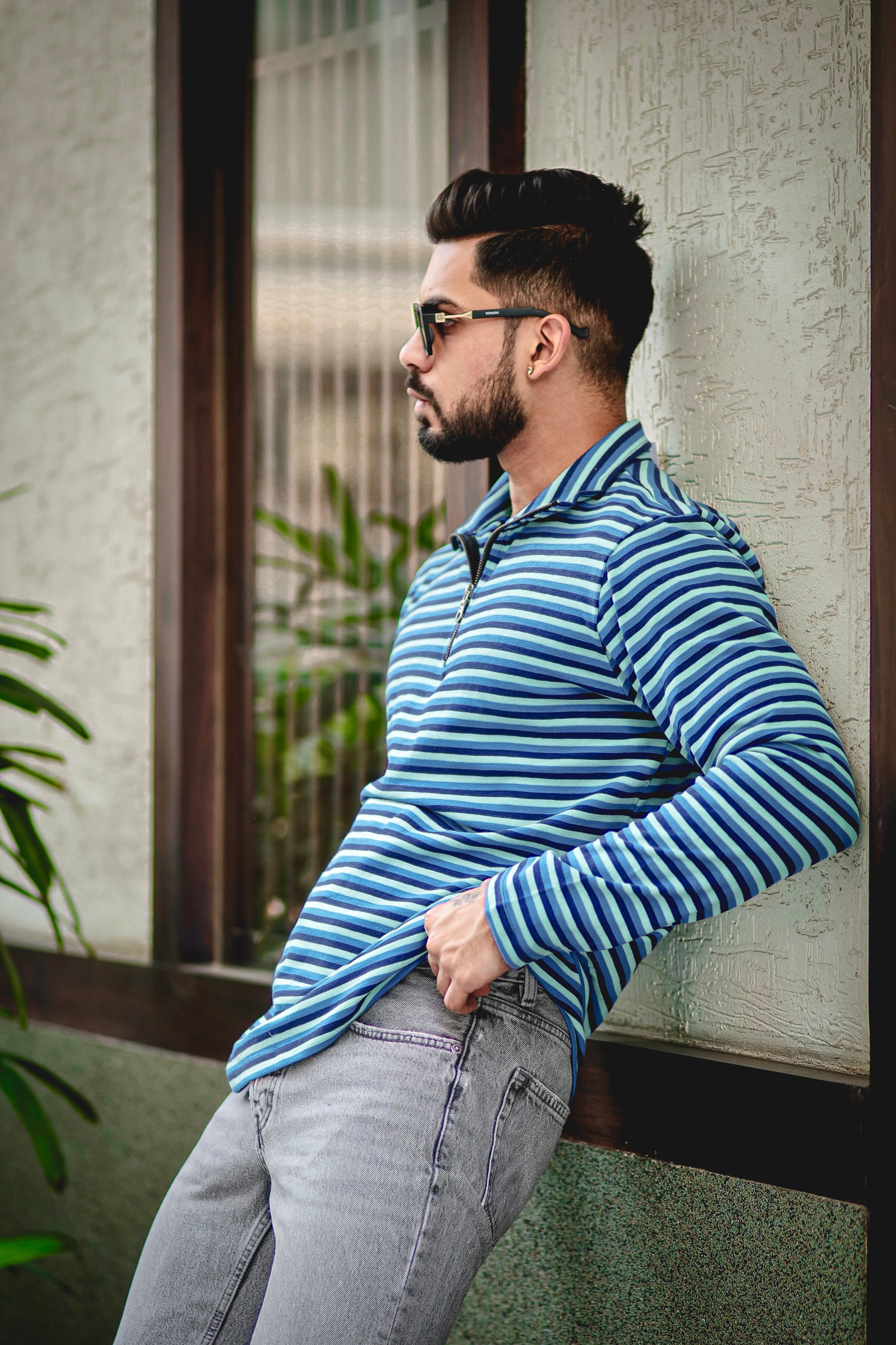 Turquoise Blue Stripe Zipper T-Shirt