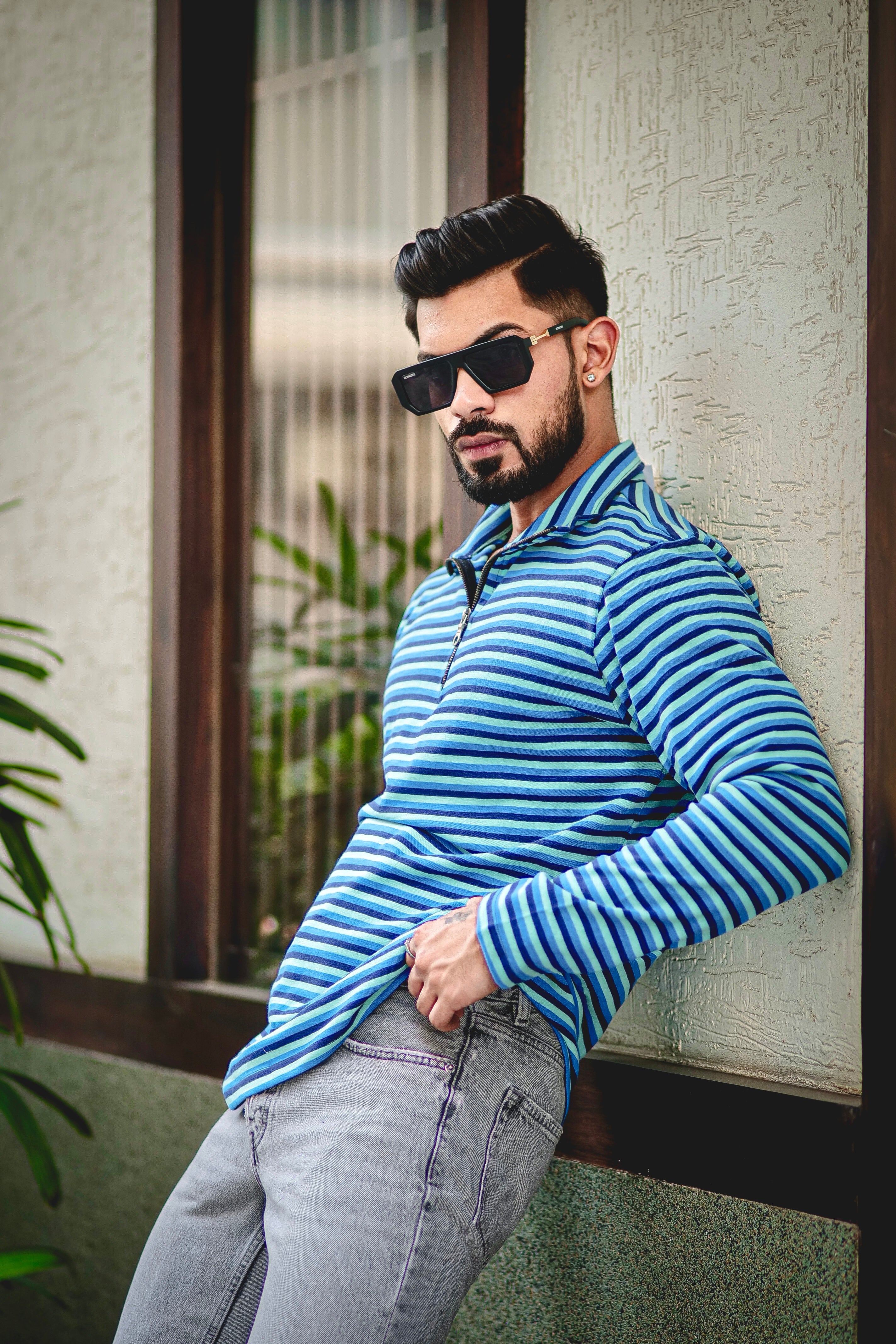 Turquoise Blue Stripe Zipper T-Shirt