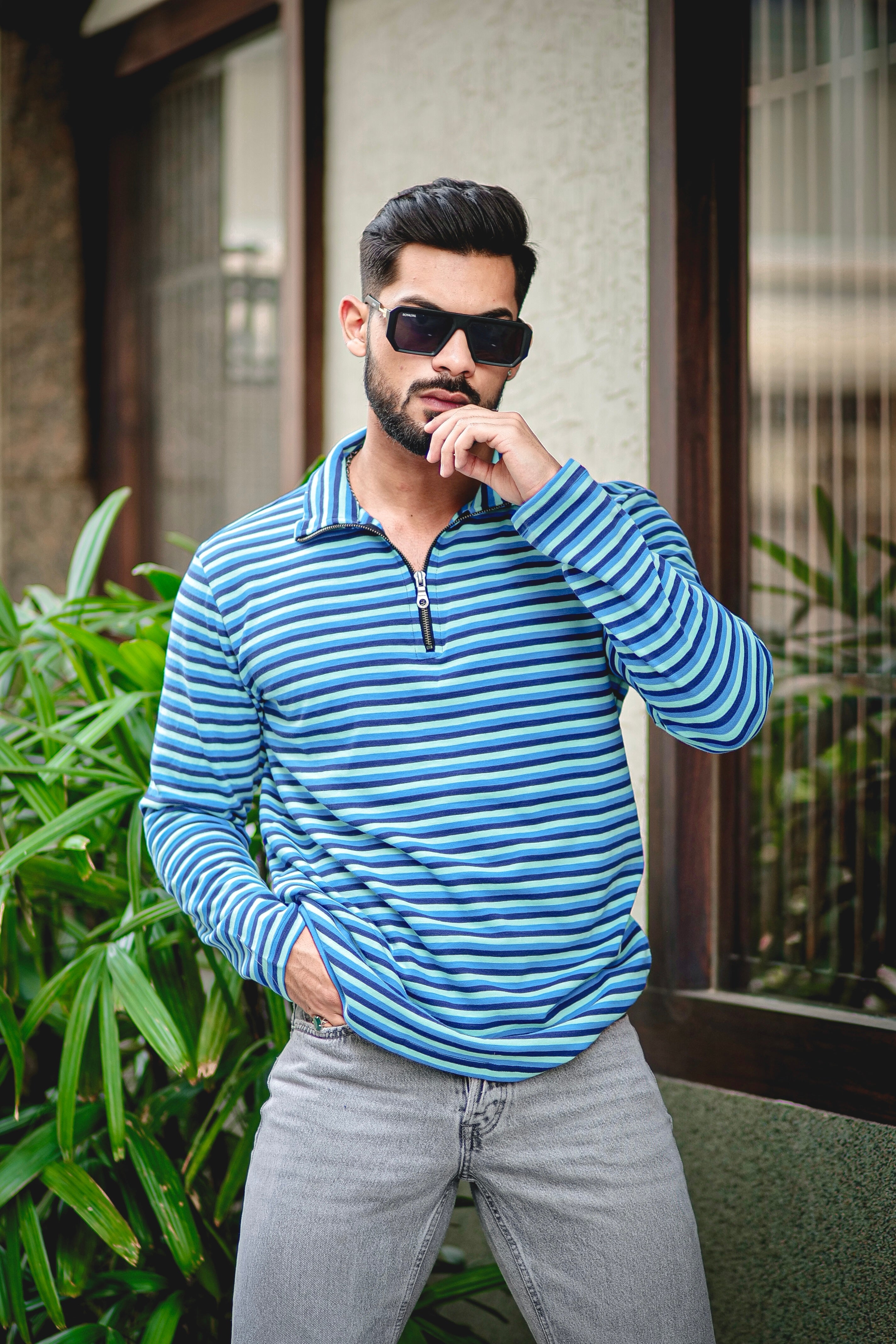 Turquoise Blue Stripe Zipper T-Shirt