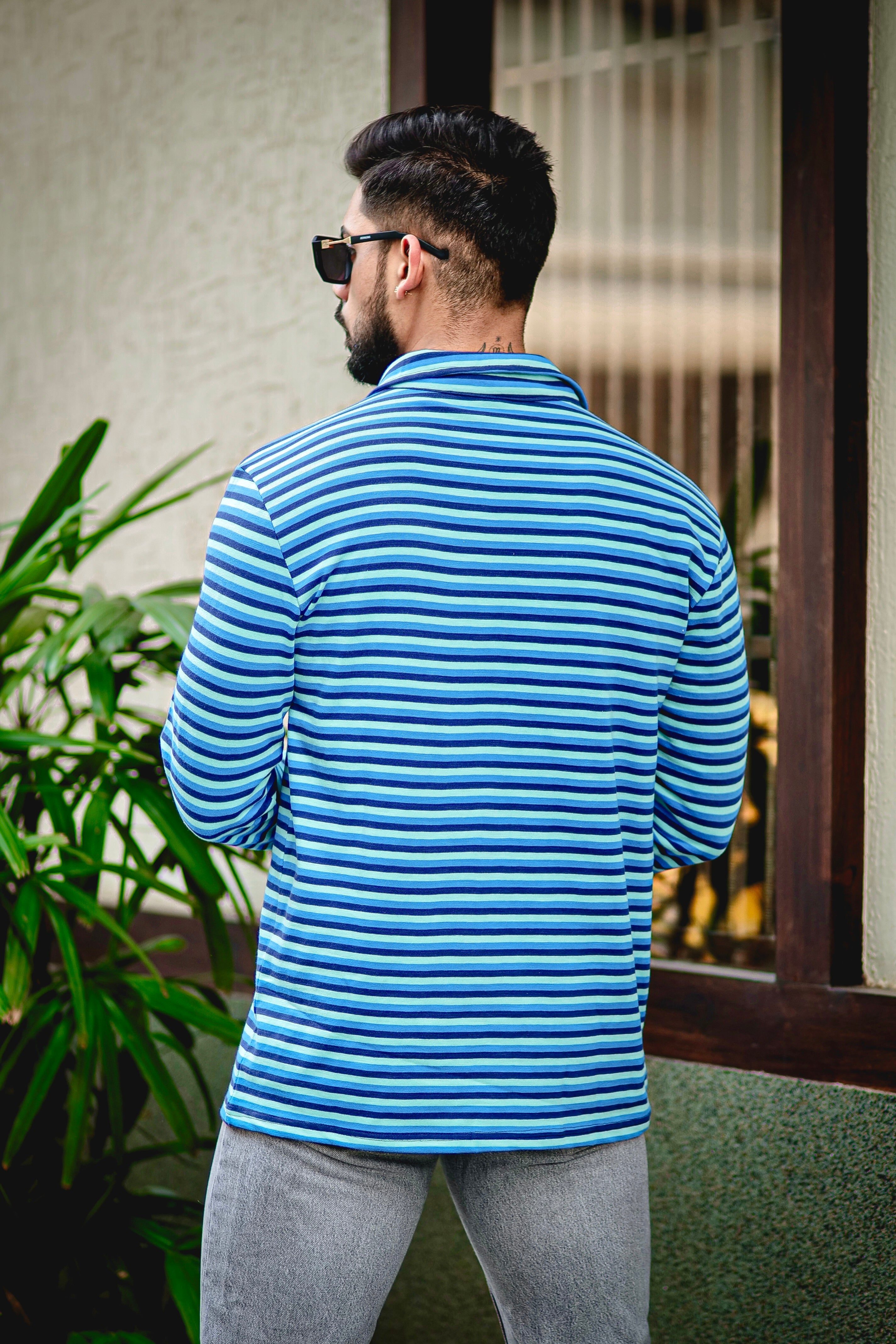 Turquoise Blue Stripe Zipper T-Shirt