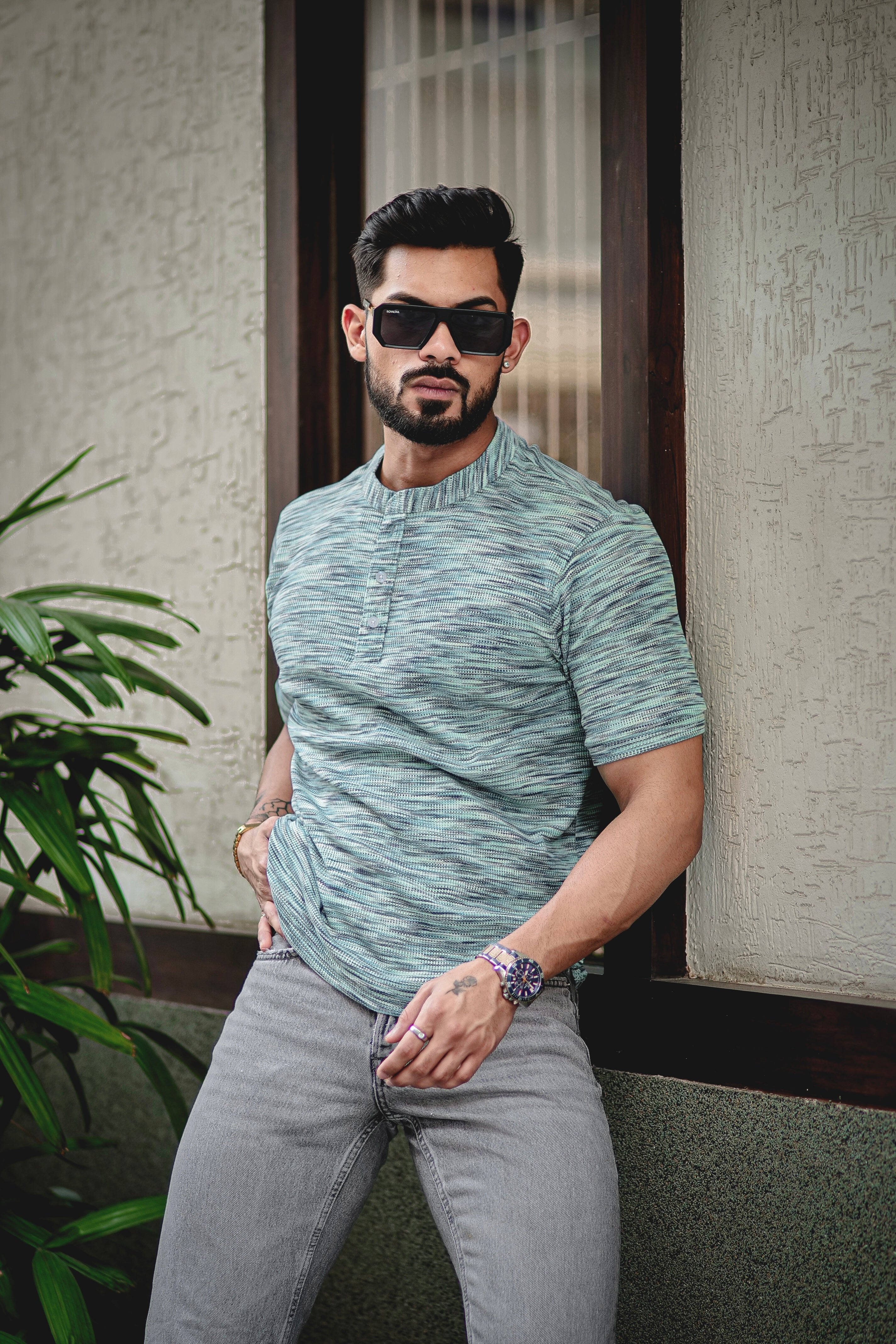 Turquoise Blue Self Design Henley T-Shirt