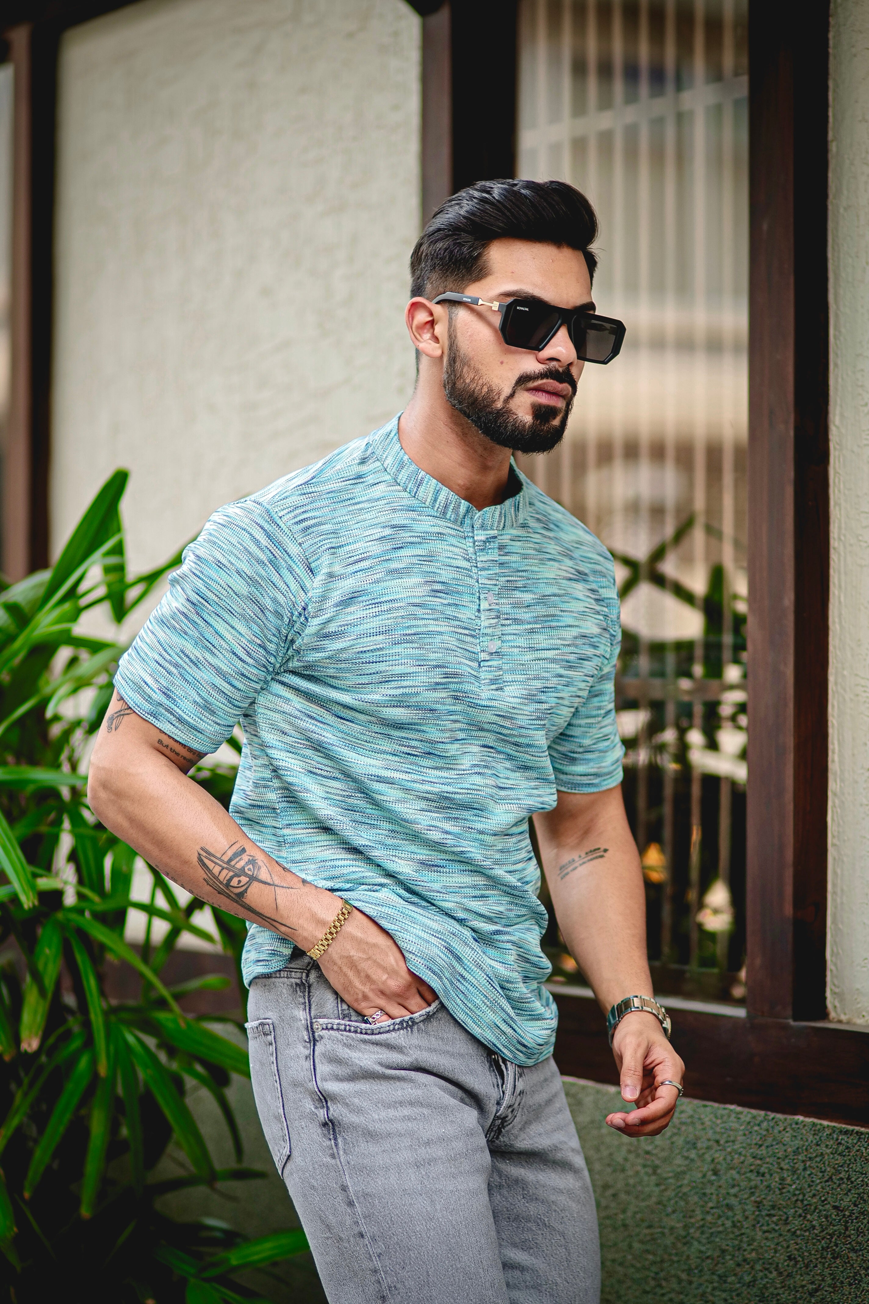 Turquoise Blue Self Design Henley T-Shirt