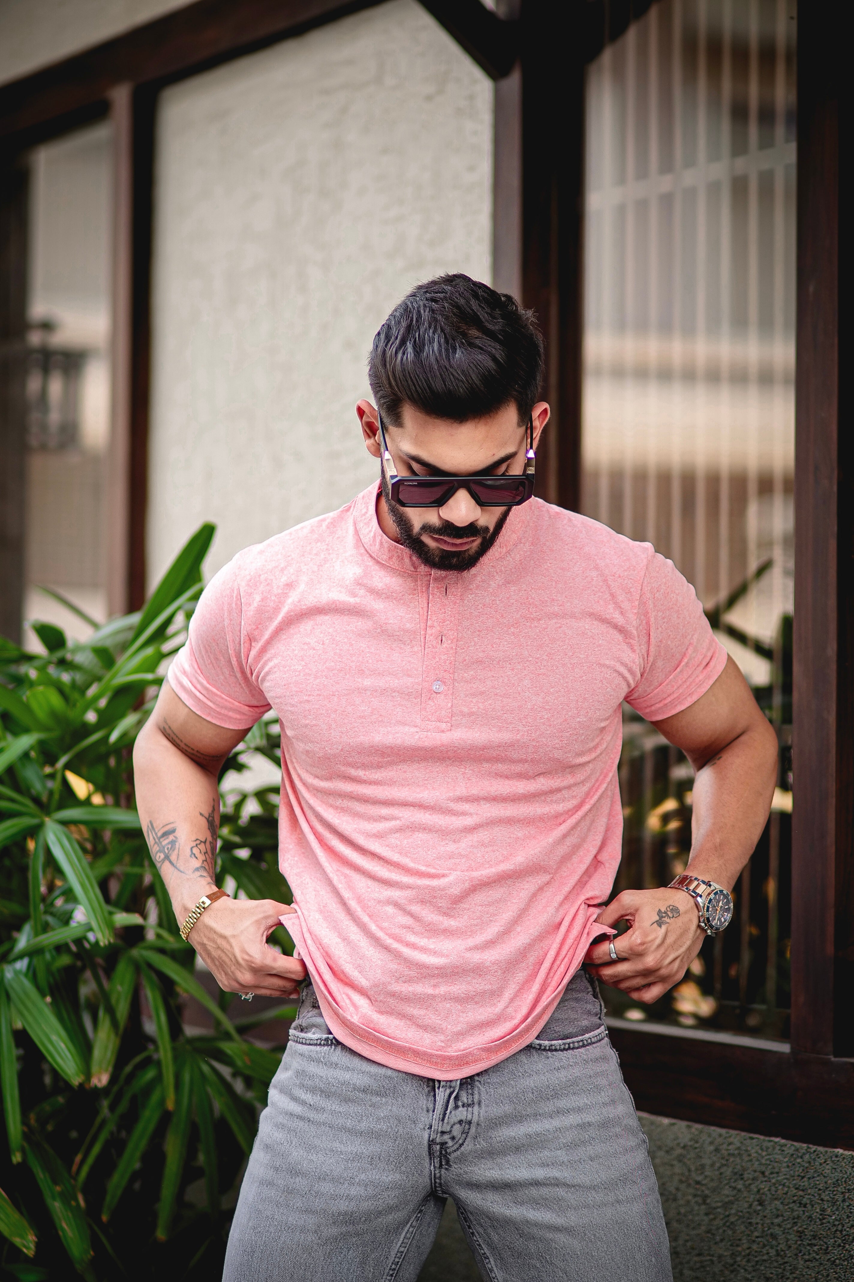 Pink Self Design Henley T-Shirt