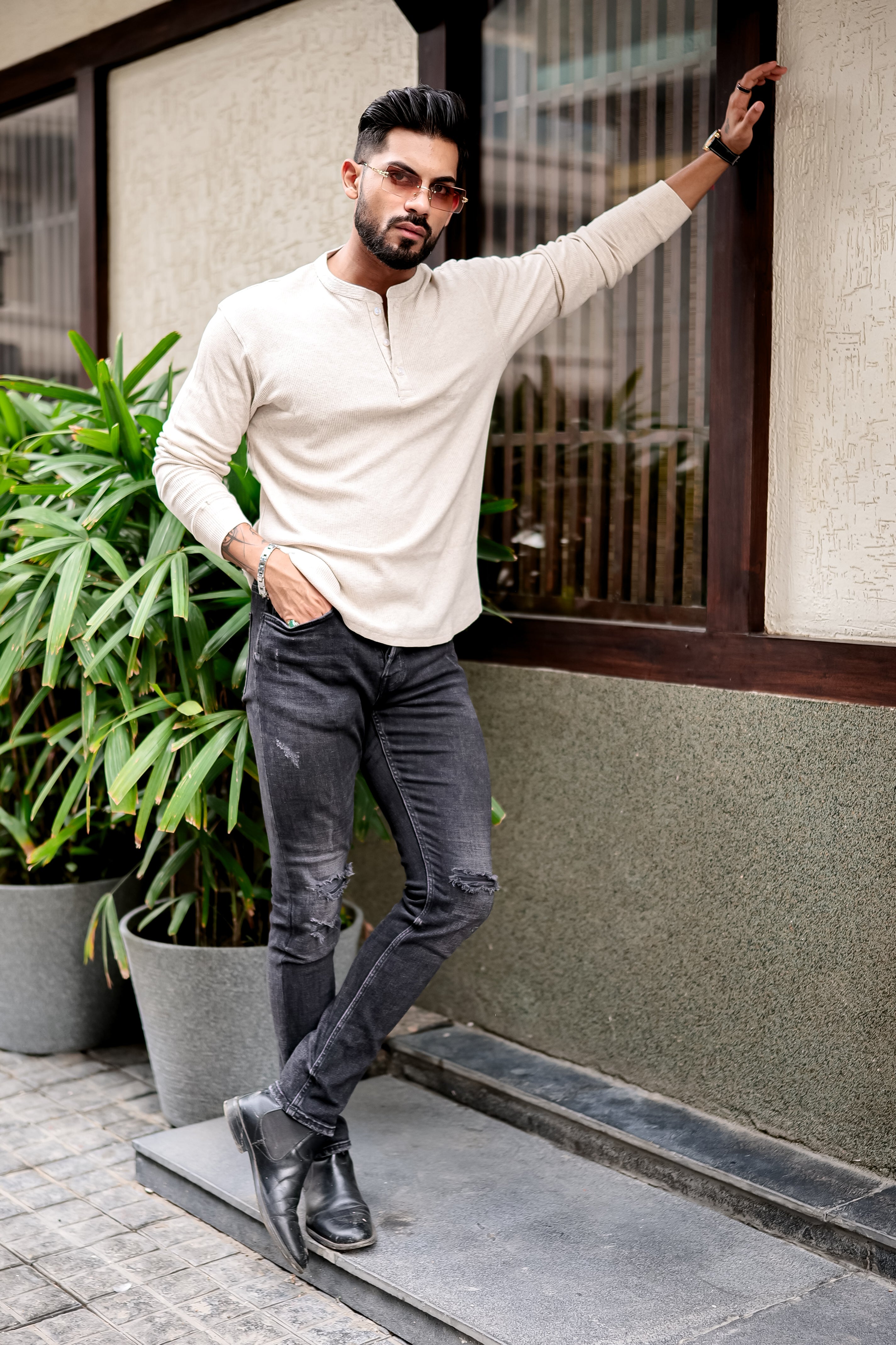 Cream Waffle Henley T-Shirt