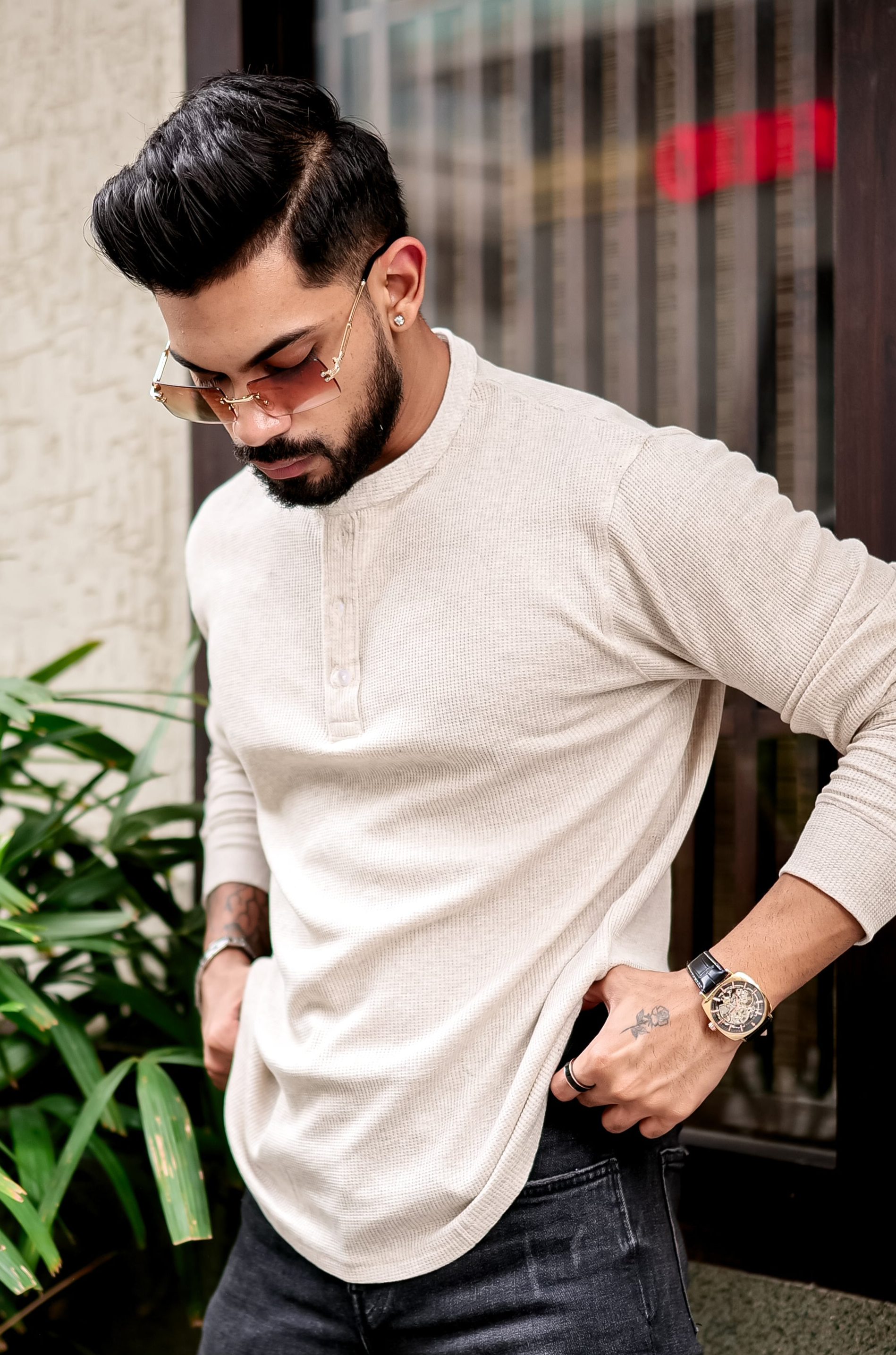 Cream Waffle Henley T-Shirt