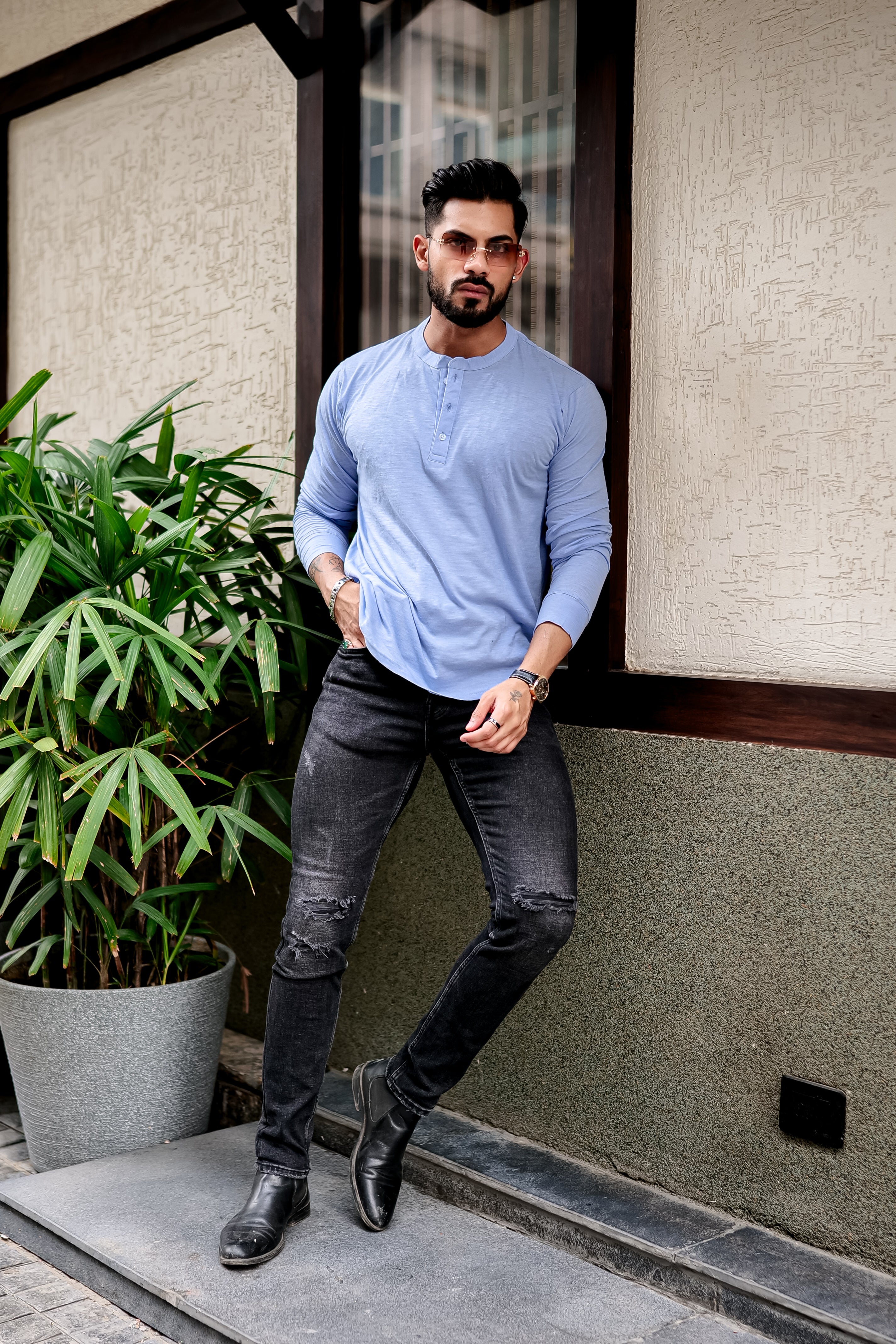 SKY BLUE SLUB HENLEY T-SHIRT